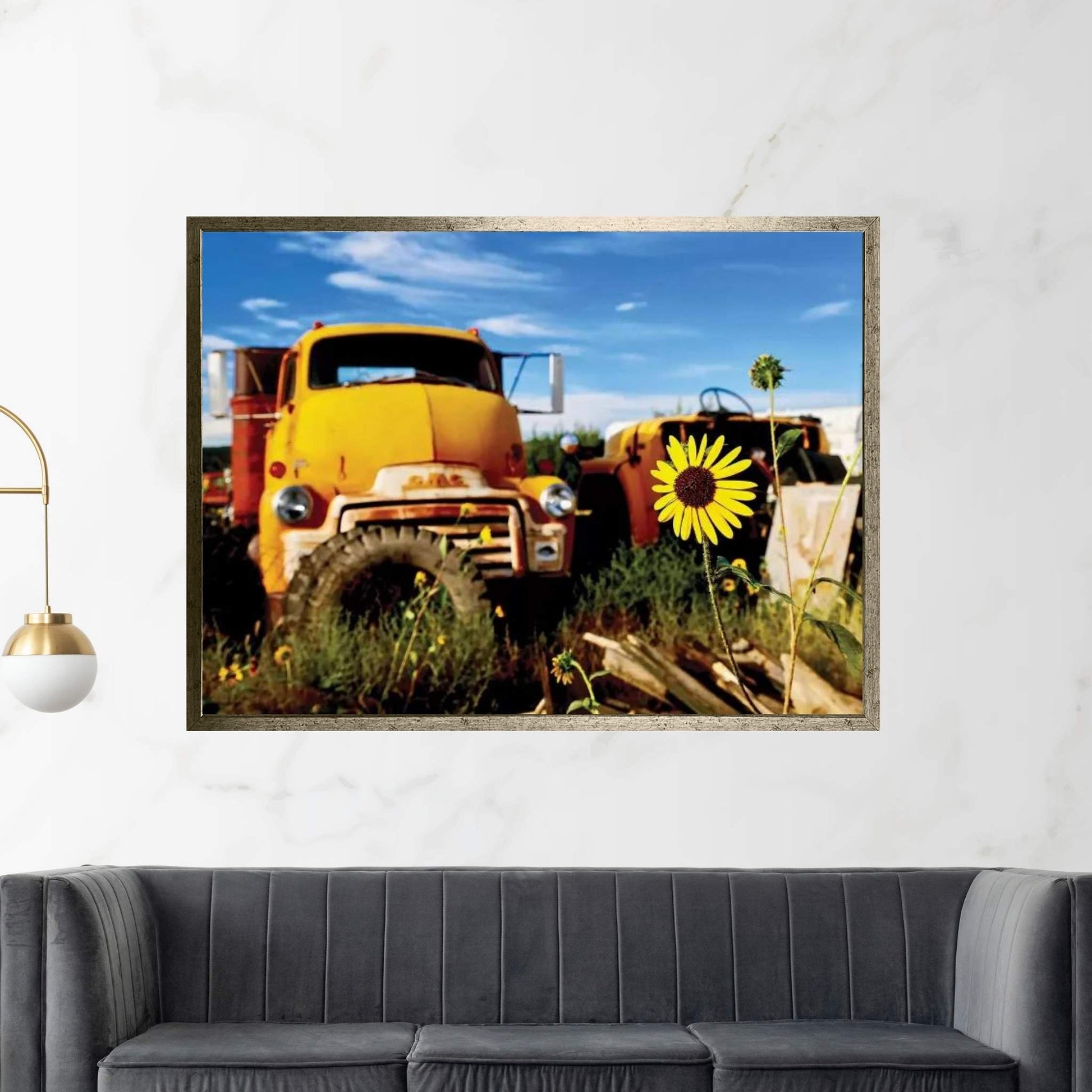 Yellow Daisy With Truck Canvas Wall Art - Y Canvas