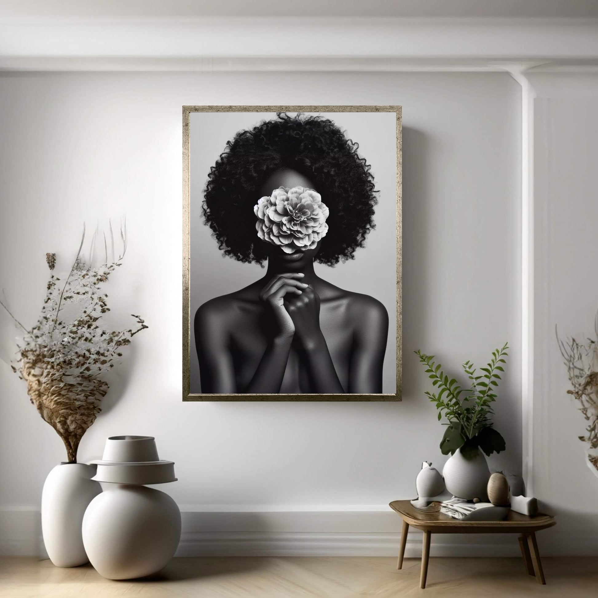 African Black Woman Canvas Flower Portrait Canvas Wall Art - Y Canvas