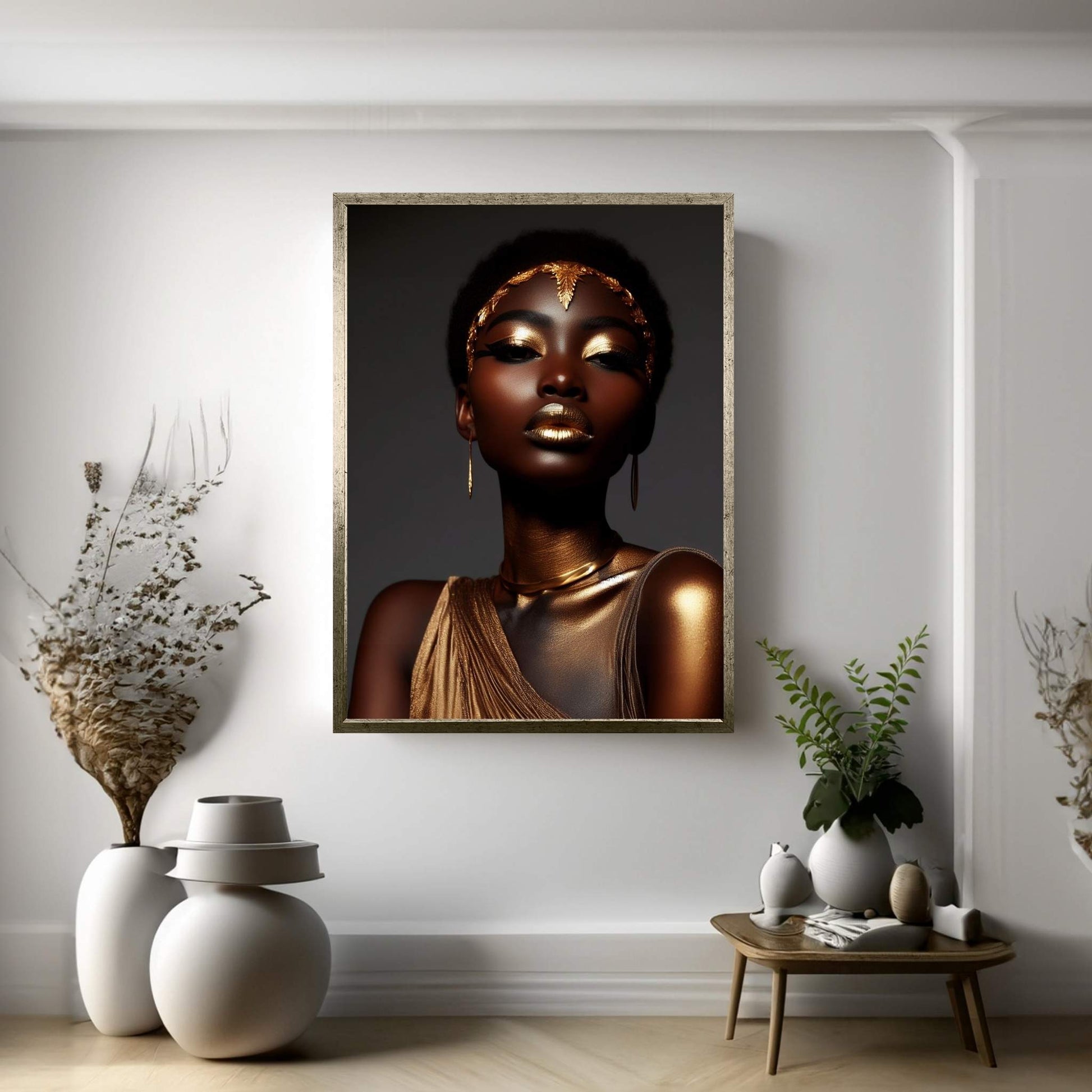 African Black Woman Gold Make-up Canvas Portrait Canvas Wall Art - Y Canvas