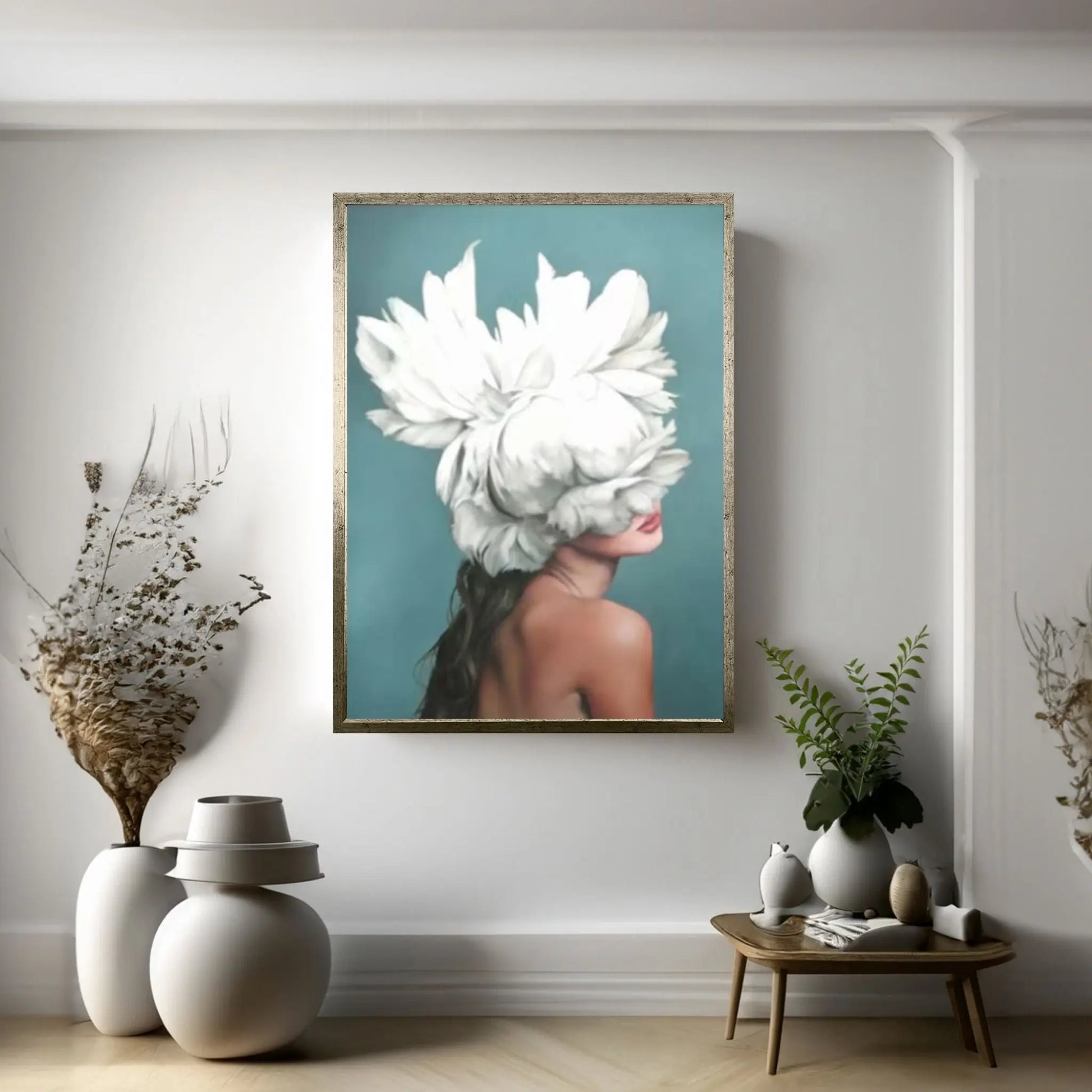 Flowers Feathers Woman With Flower Abstract Canvas Painting Wall Art Decorative Painting Living Room Home Decoration Print - Y Canvas