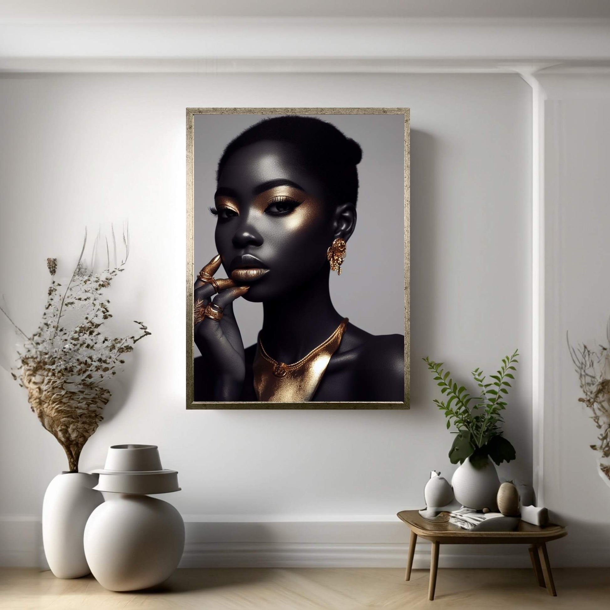 African Black Woman Gold Make-up Canvas Portrait Canvas Wall Art - Y Canvas