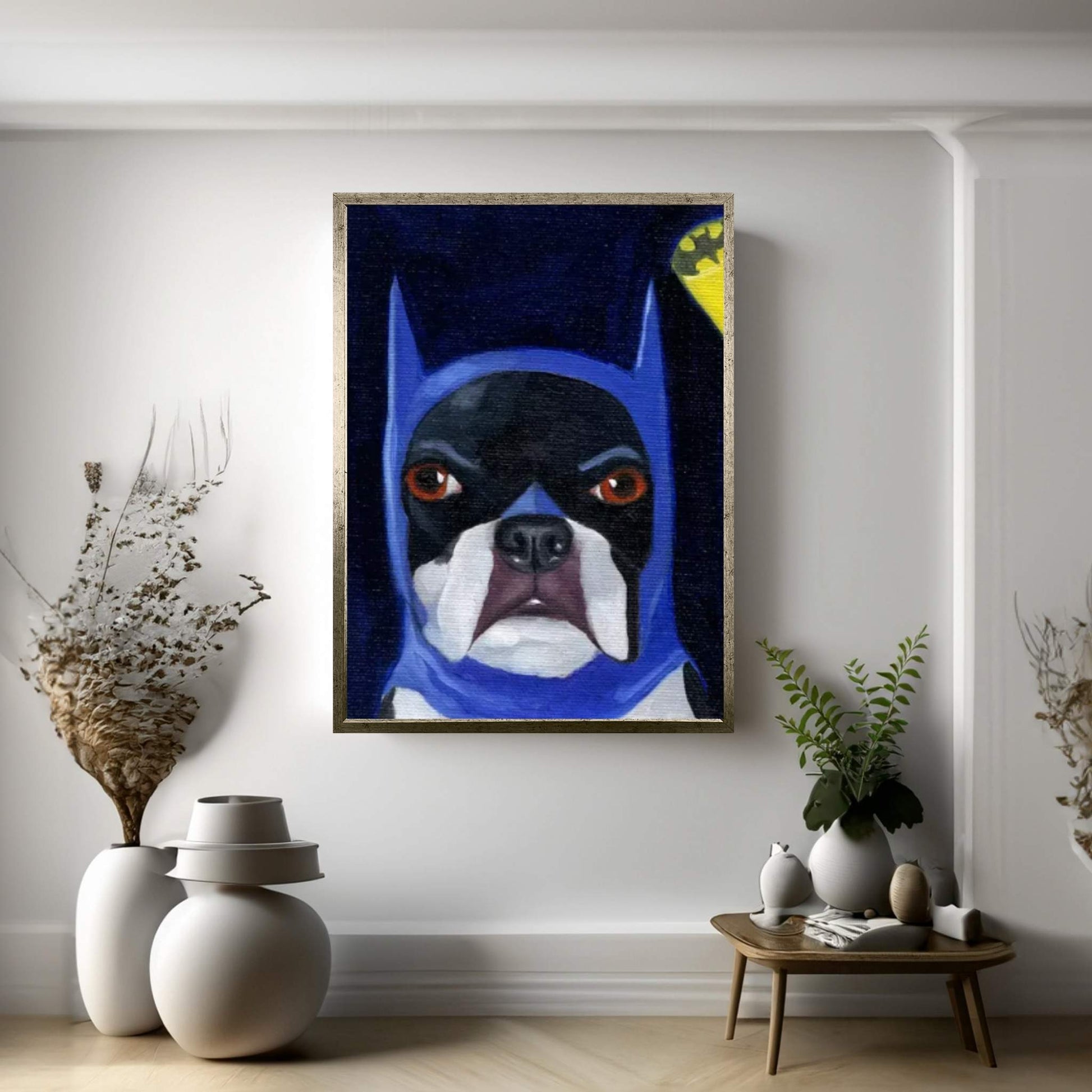 Boston Terriers Wearing Hats XVI (Batman) Canvas Wall Art - Y Canvas