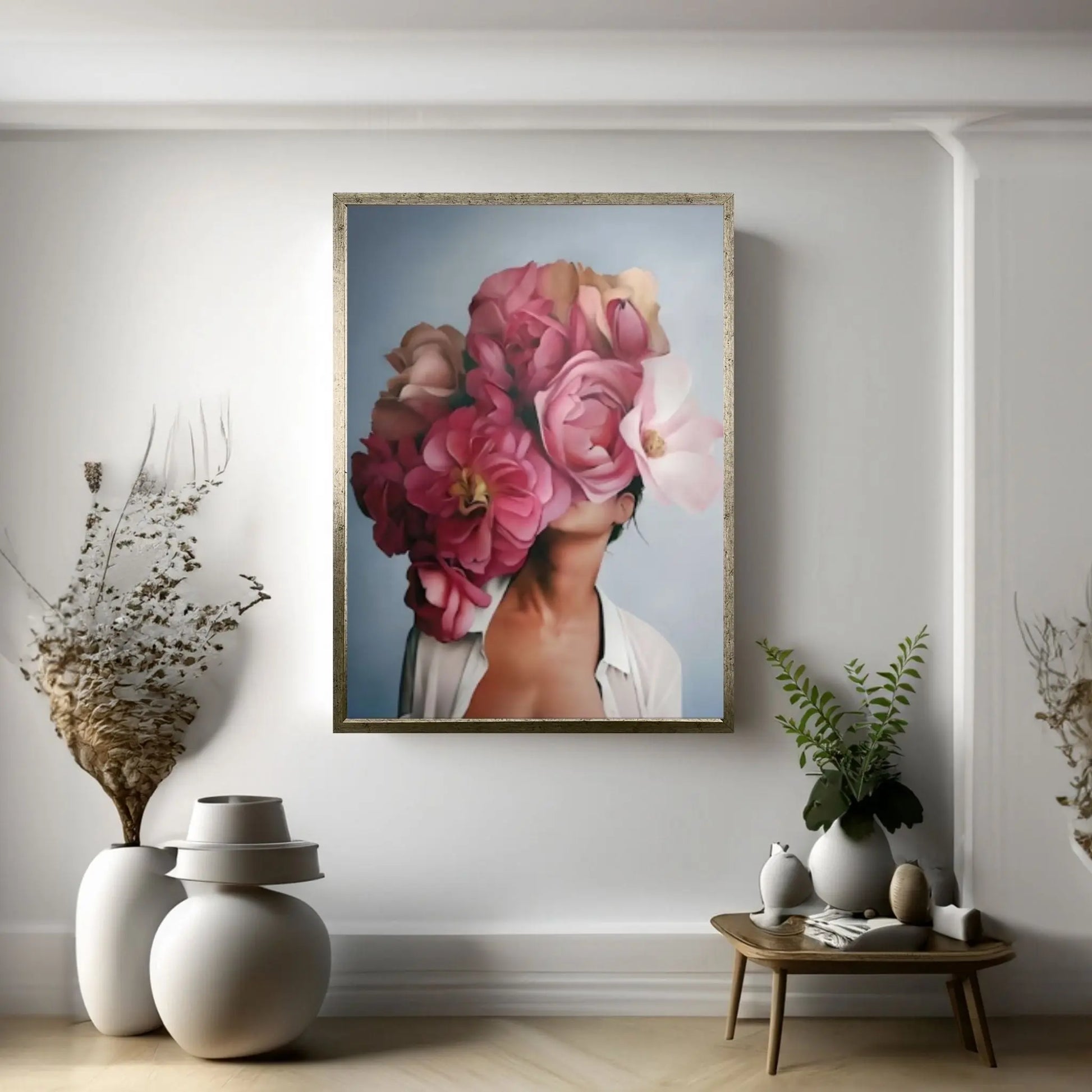 Pink Flower-Headed Woman Canvas Painting - Y Canvas