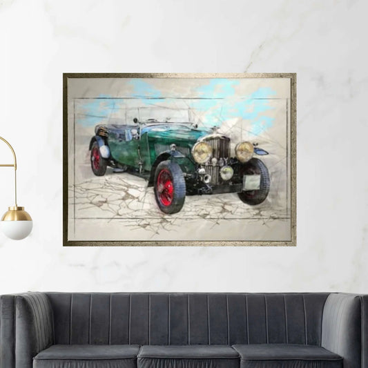 Green Classic Car Drawing Effect Canvas Art, Nostalgic Car Wall Decor, Vintage Car Art - Y Canvas