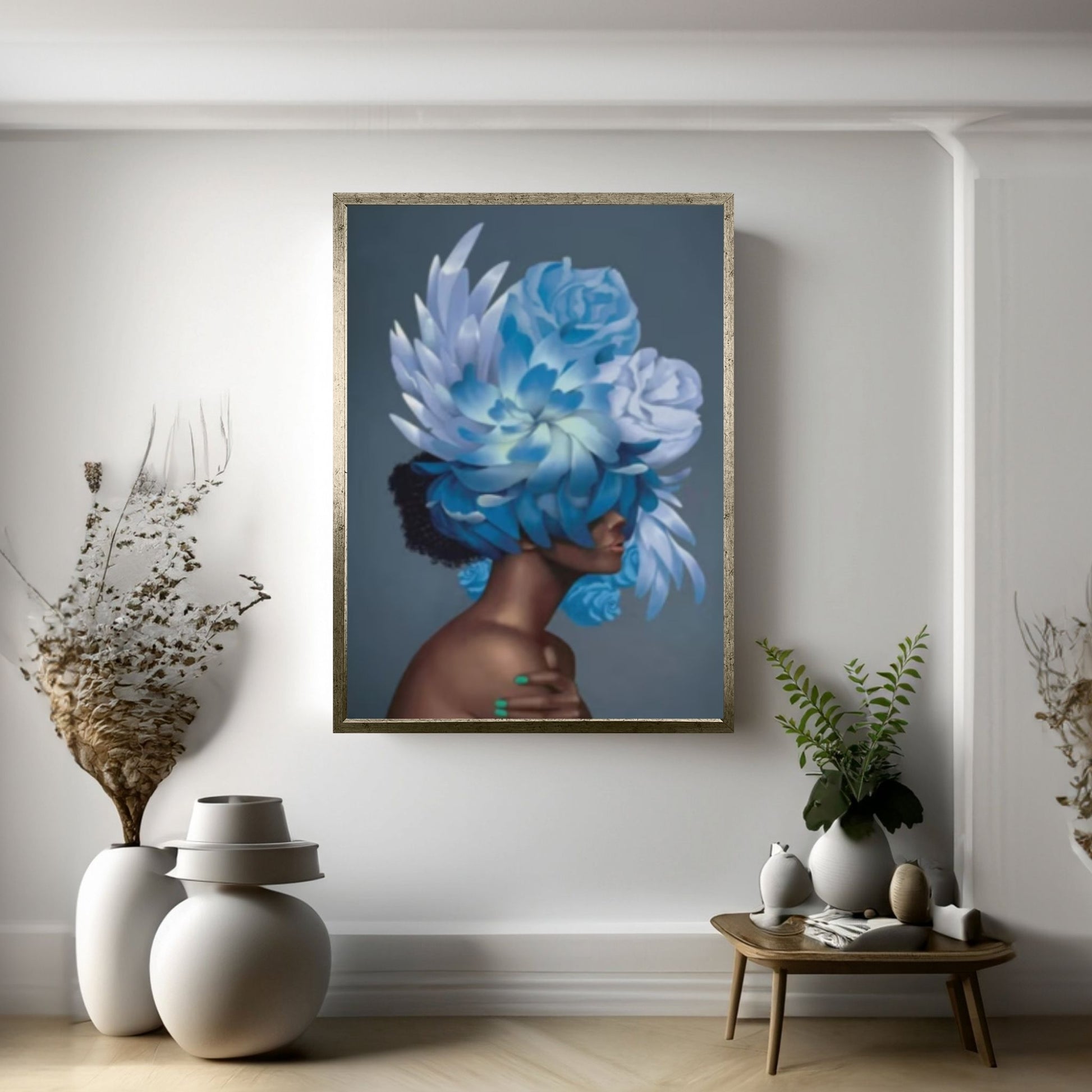 Woman With Blue Roses Canvas Art, Floral Head Woman Art Woman Wall Art, Red Roses Art - Y Canvas