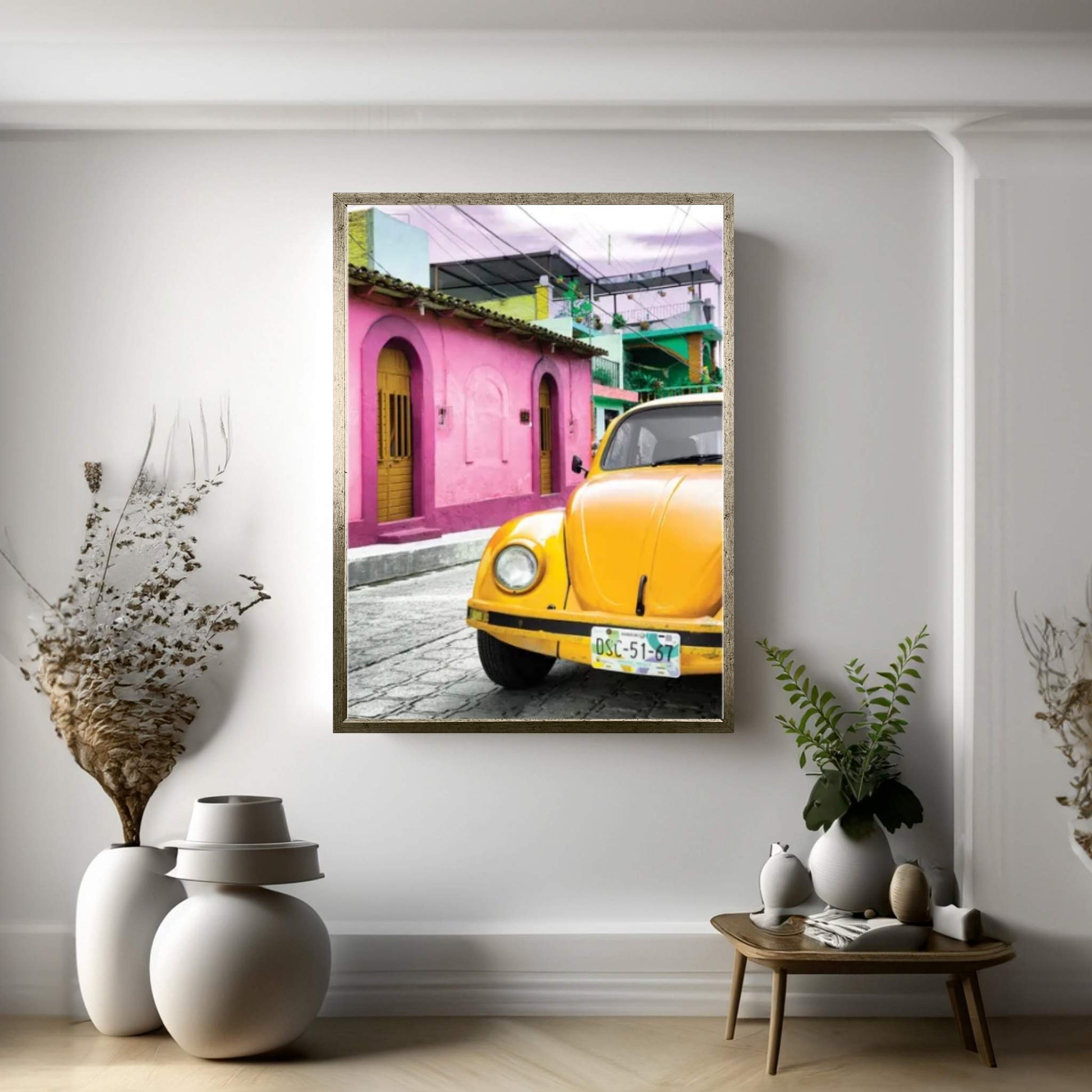 Yellow VW Beetle Car Canvas Wall Art - Y Canvas