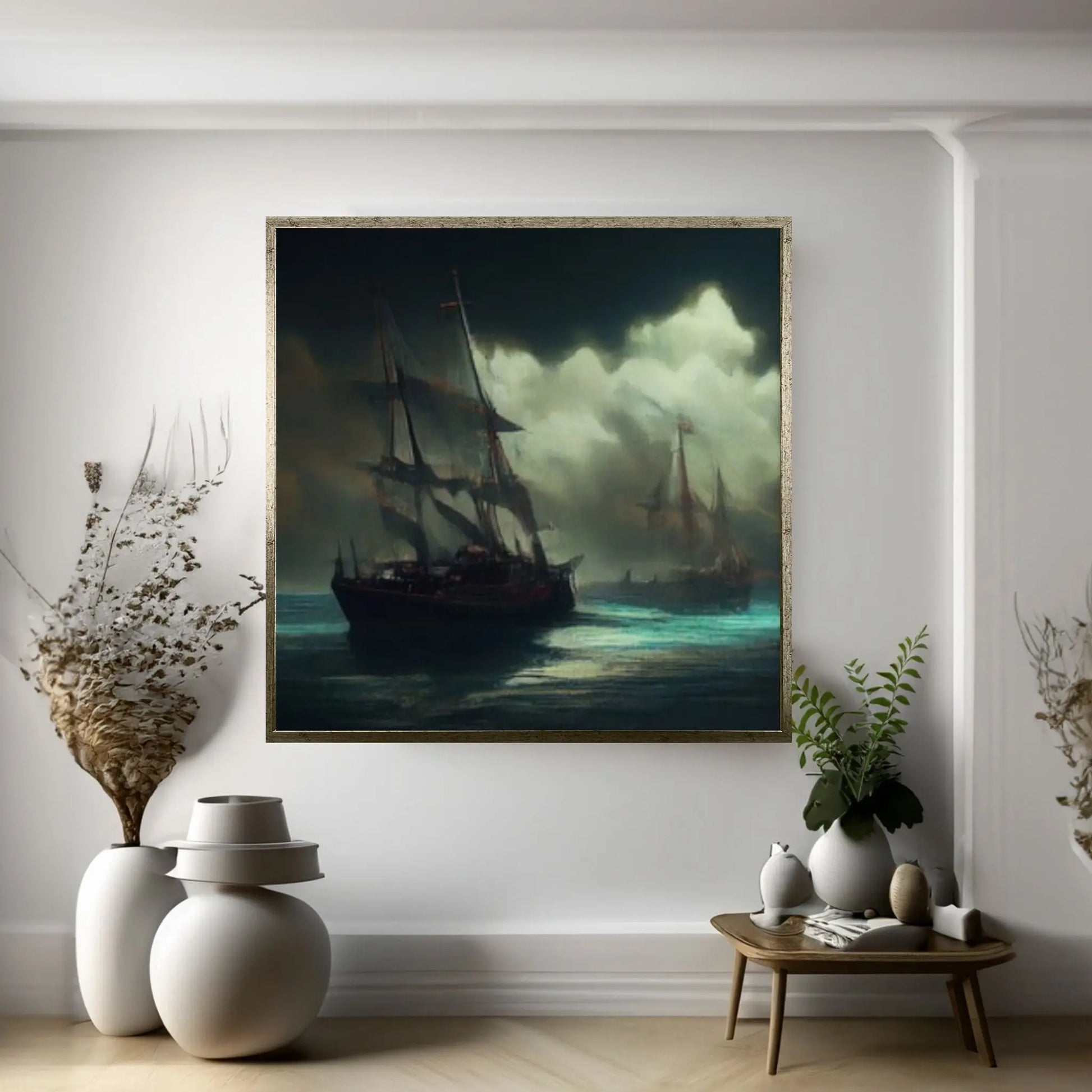 Large Dark Sea Pirates Ship Canvas Wall Art, Pirates Canvas Wall Print, Corsair on Sea Wall Hangings, Dark Colours Boat Room Decor - Y Canvas