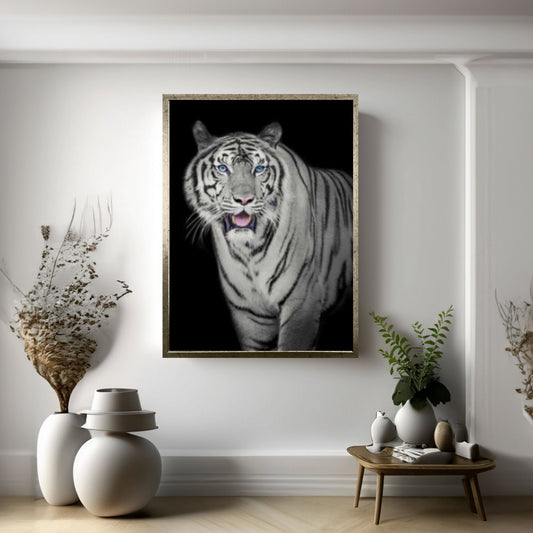 African Lion Canvas Wall Art, Black and white blue eyes lion Canvas Print - Y Canvas