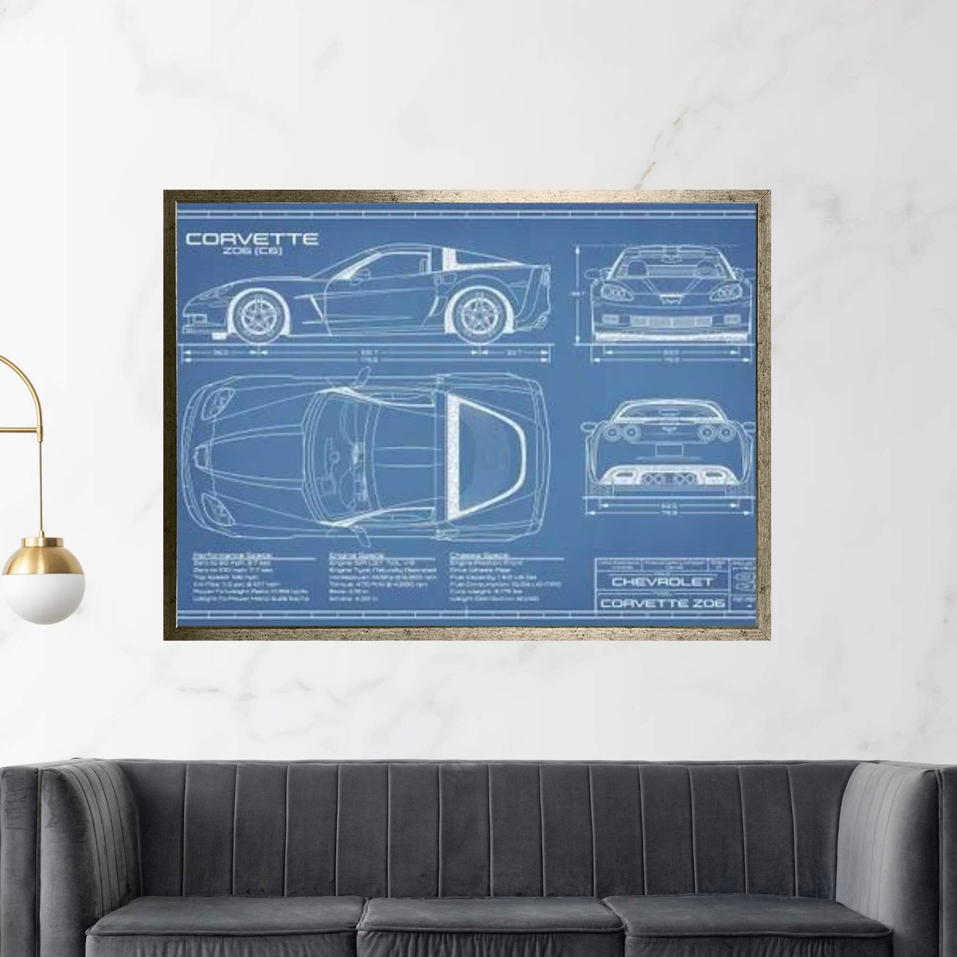 Corvette (C6) Z06 Blueprint Canvas Wall Art - Y Canvas