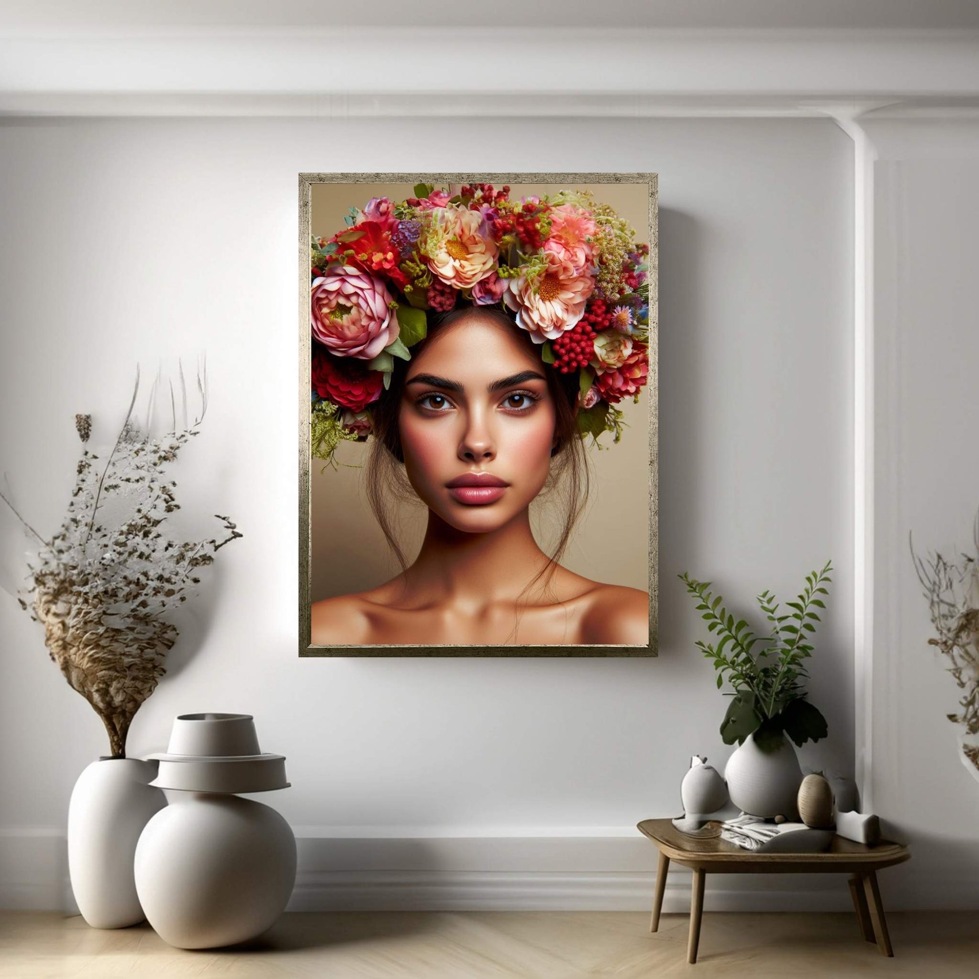 Woman Portrait Flower Head Canvas Wall Art - Y Canvas