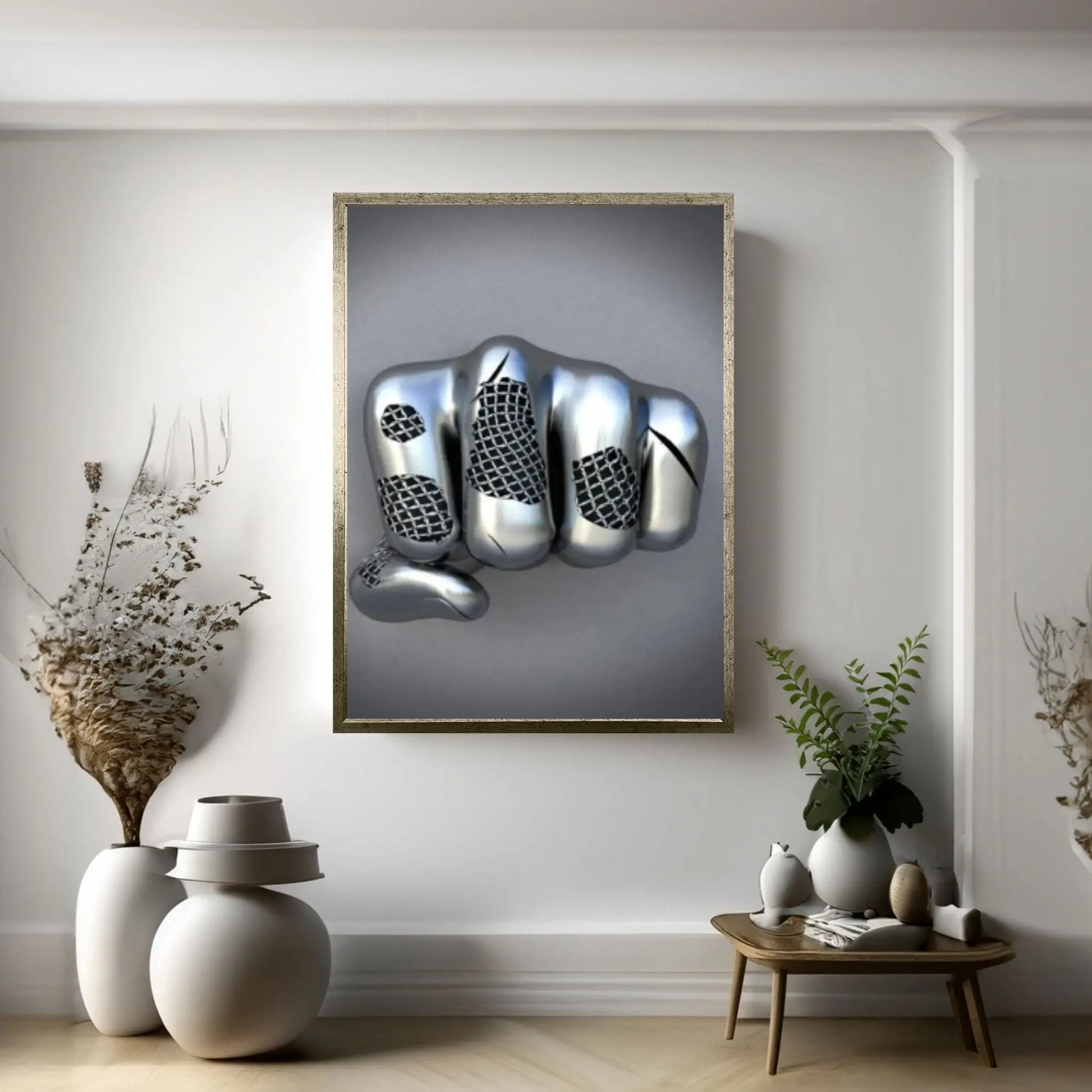 3D Effect Fist Wall Canvas, Metalic Silver Effect Hand Metallic Canvas - Y Canvas