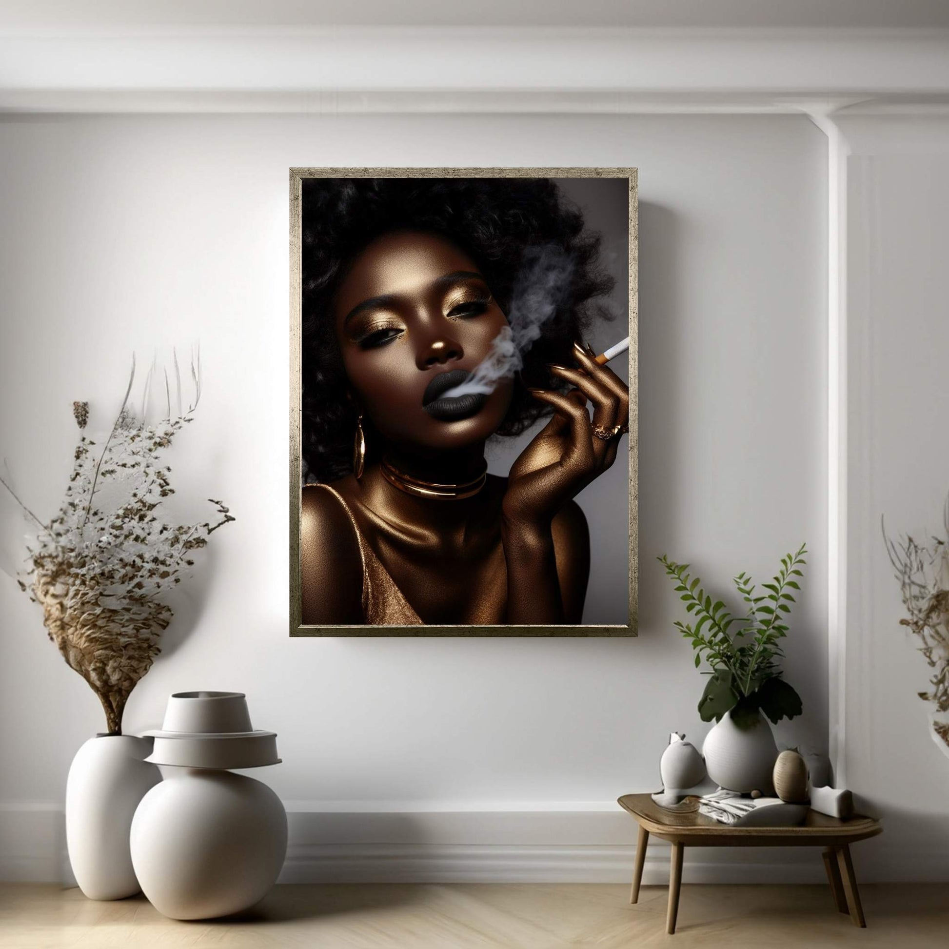 African Black Woman Gold Make-up Smoke Canvas Portrait Canvas Wall Art - Y Canvas