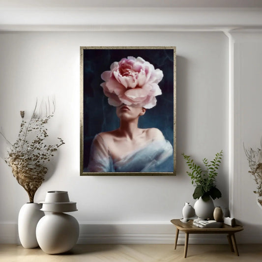 Dazzling Beauty: Woman Canvas with Pink Flower Head - Y Canvas