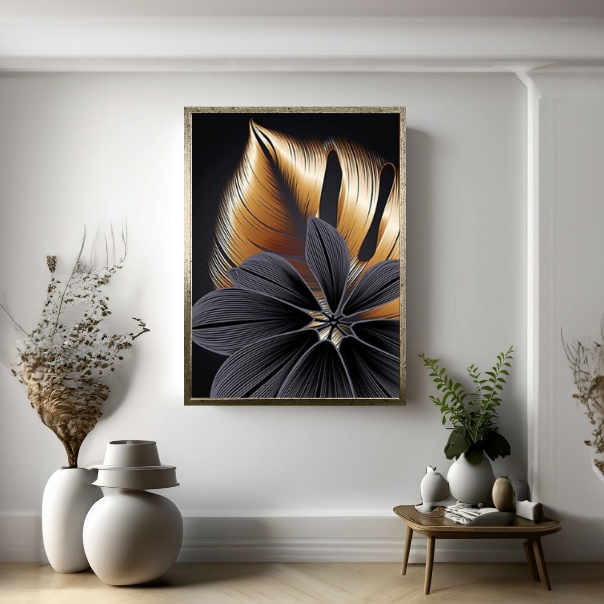 Art Painting Nordic Living Room Decoration, Black Golden Plant Leaf Canvas Poster - Y Canvas