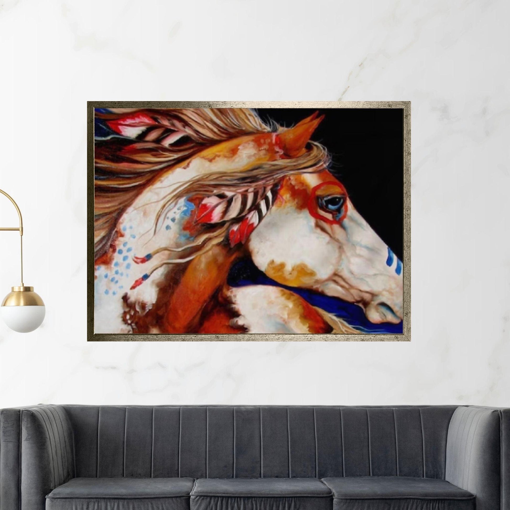 American Indian Art Canvas Wall Art Print - Native Indian Woman - Horse B&W Art - Y Canvas