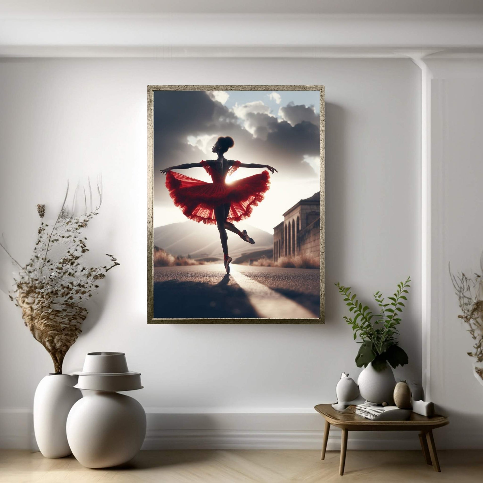 African Black Woman Ballerina in Red Dress Canvas Wall Art Home Decor - Y Canvas