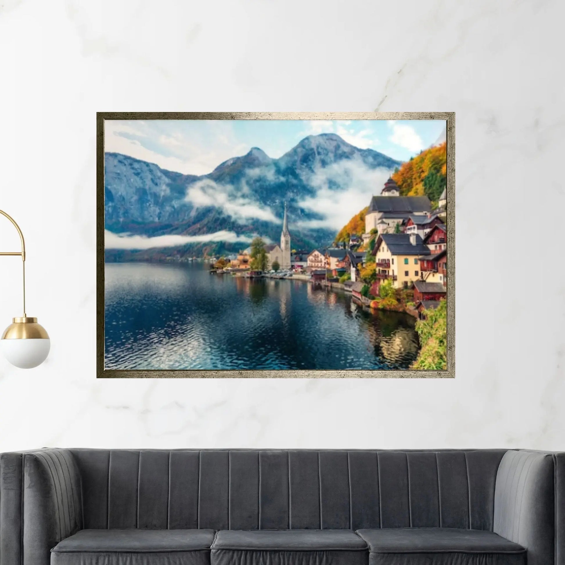 Austria Landscape Canvas Wall Art Misty autumn scene of Hallstatt Lake, Austria's mountainous Salzkammergut - Y Canvas