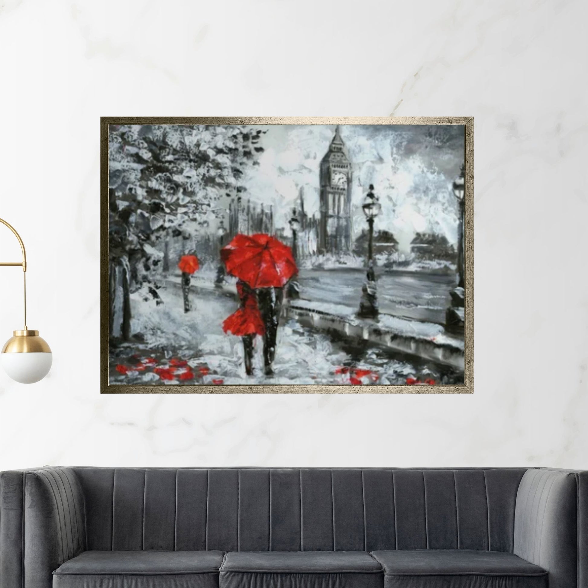 England Bridge illustration Man and woman under red umbrella photo, London street Oil painting - Y Canvas