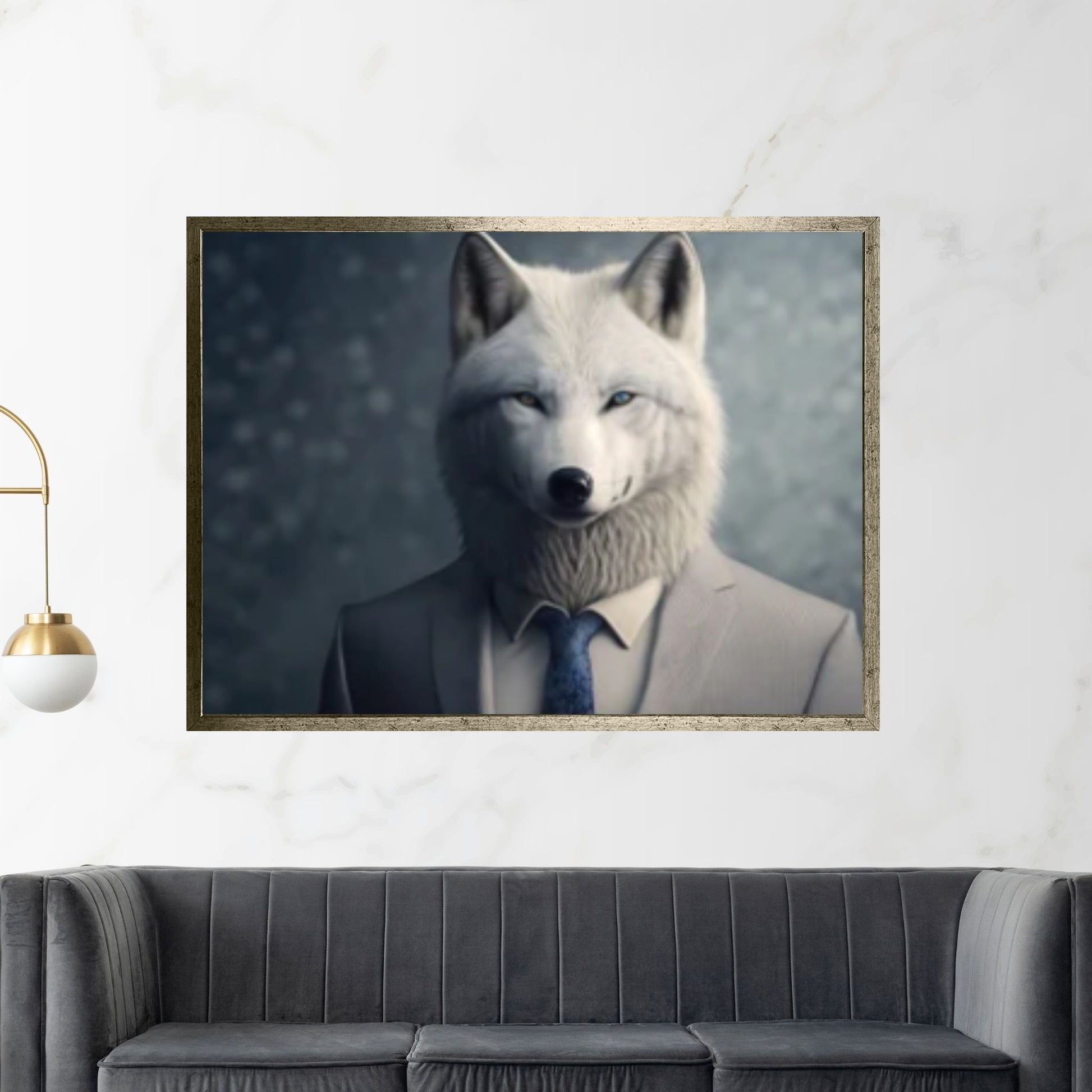 Wolf Canvas Wall Art - Portrait of a white wolf dressed in a formal business suit - Y Canvas