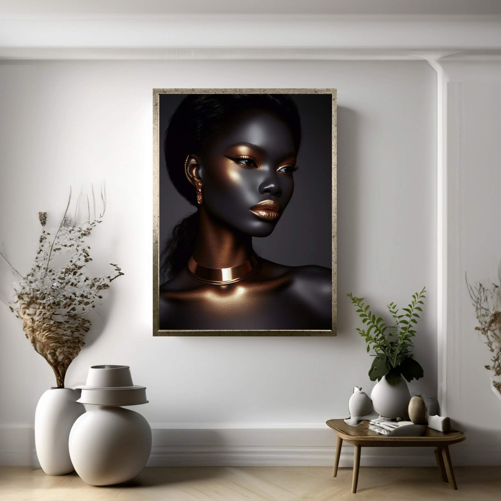 African Black Woman Gold Make-up Canvas Portrait Canvas Wall Art - Y Canvas