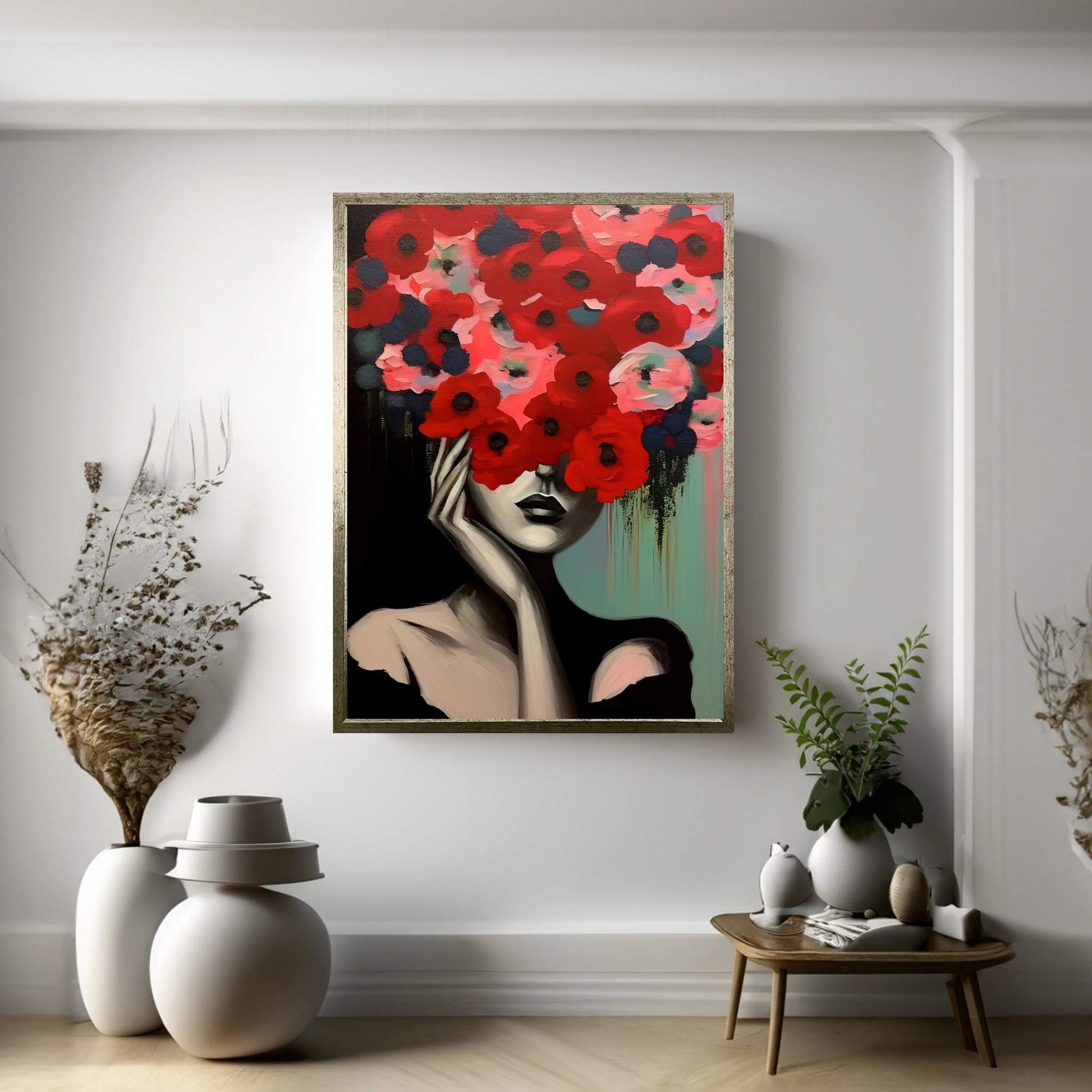 Woman Portrait Flower Head Canvas Wall Art - Y Canvas