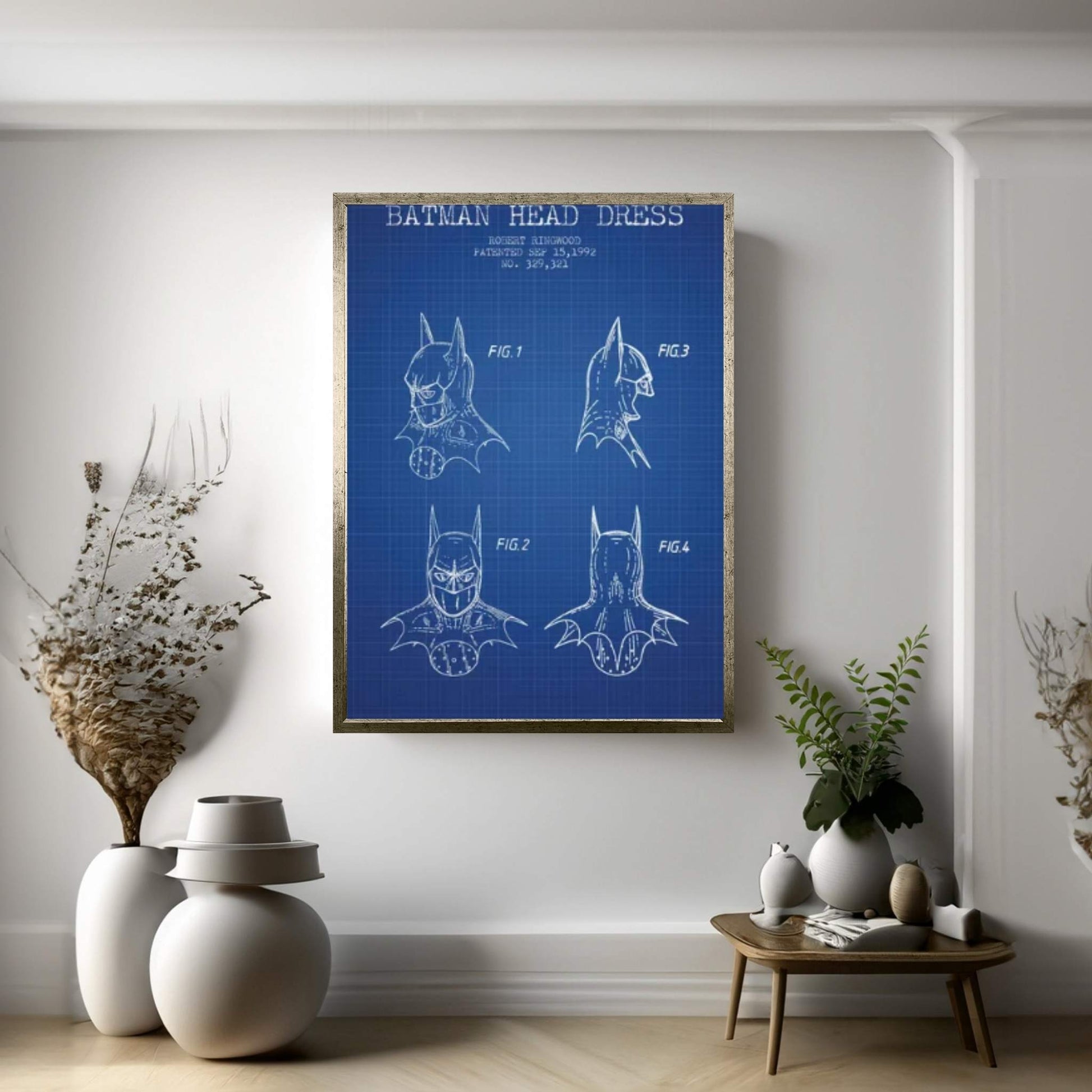 Robert Ringwood Batman Head Dress Patent Sketch (Blue Grid) Canvas Wall Art - Y Canvas