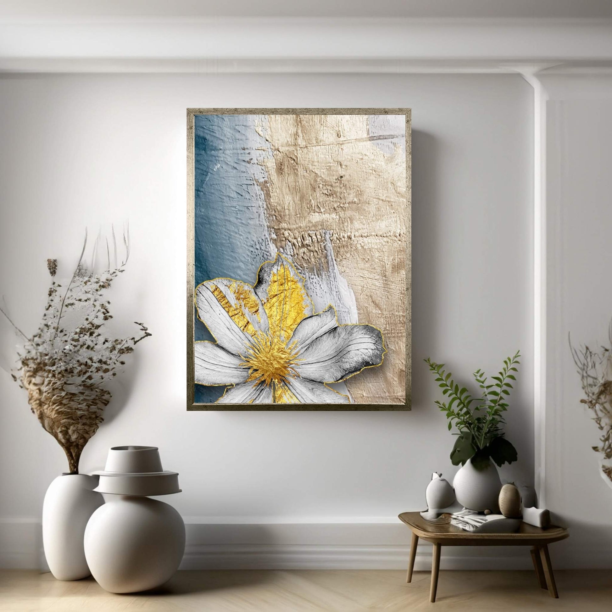 White Flower with Gold Detail Modern Abstract Canvas Wall Art - Y Canvas