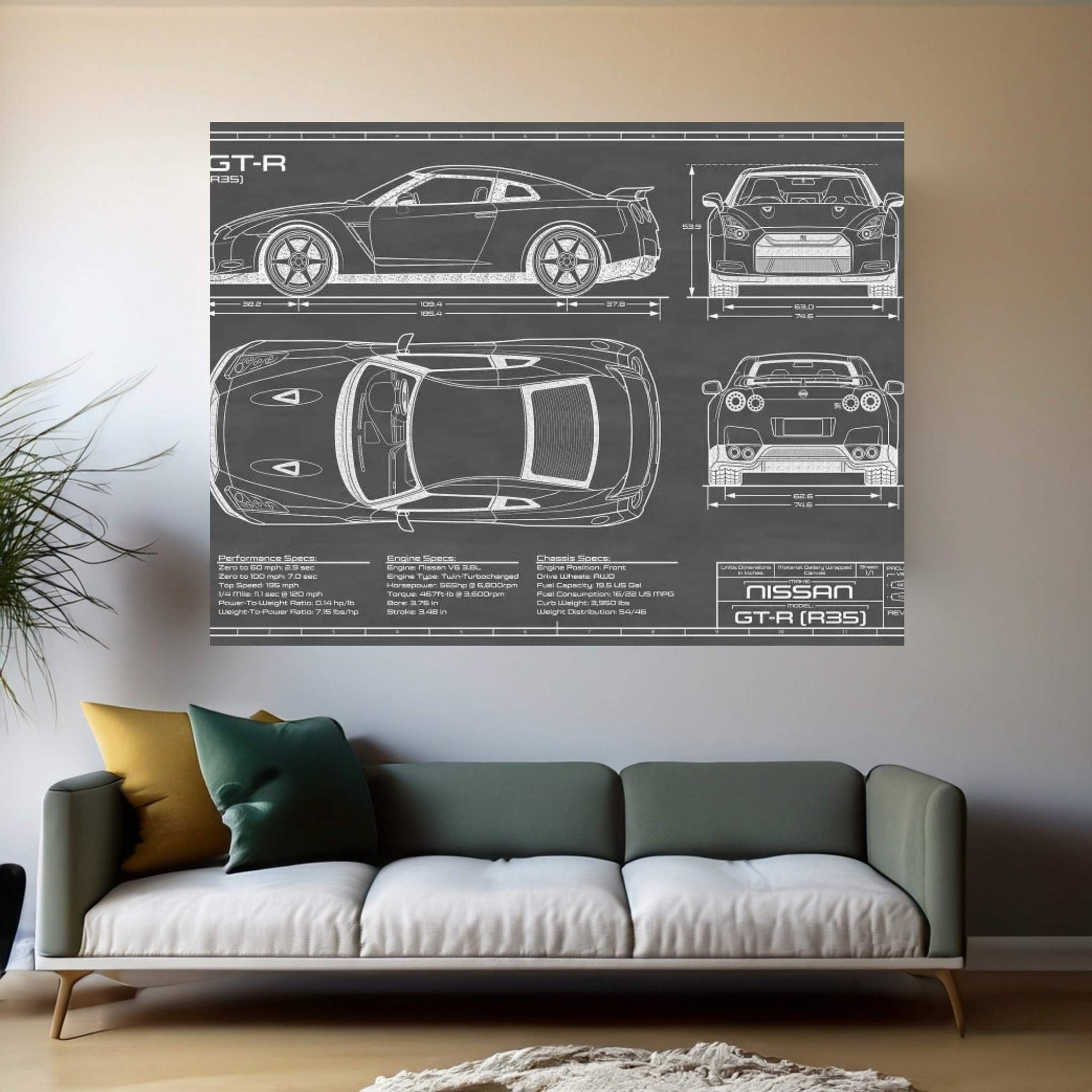 Nissan GT-R (R35) Skyline | Black Canvas Wall Art - Y Canvas