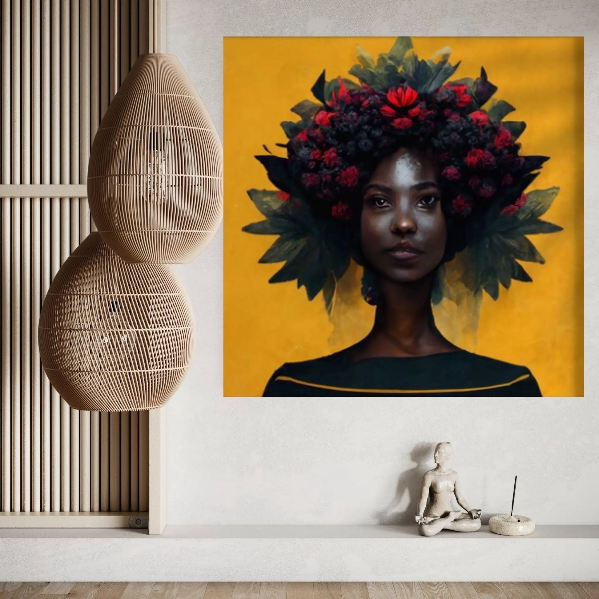 Black woman head flowers Canvas wall art,Black art, Black girl print, flower woman painting, Girl Flowers Poster - Y Canvas