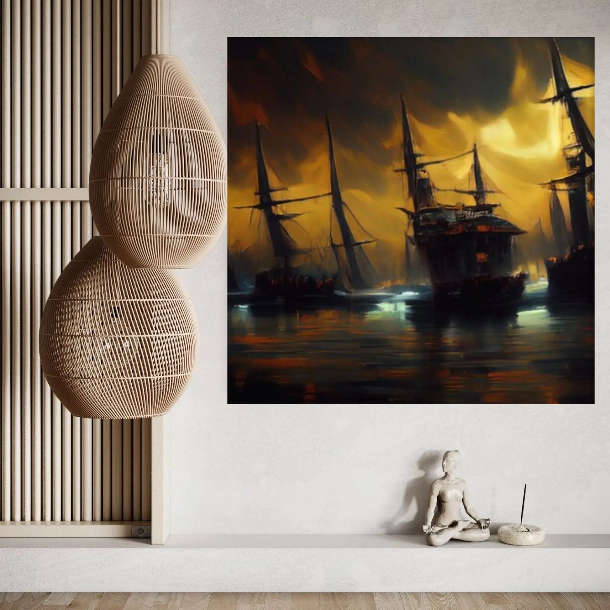 Large Dark Sea Pirates Ship Canvas Wall Art, Pirates Canvas Wall Print, Corsair on Sea Wall Hangings, Dark Colours Boat Room Decor - Y Canvas