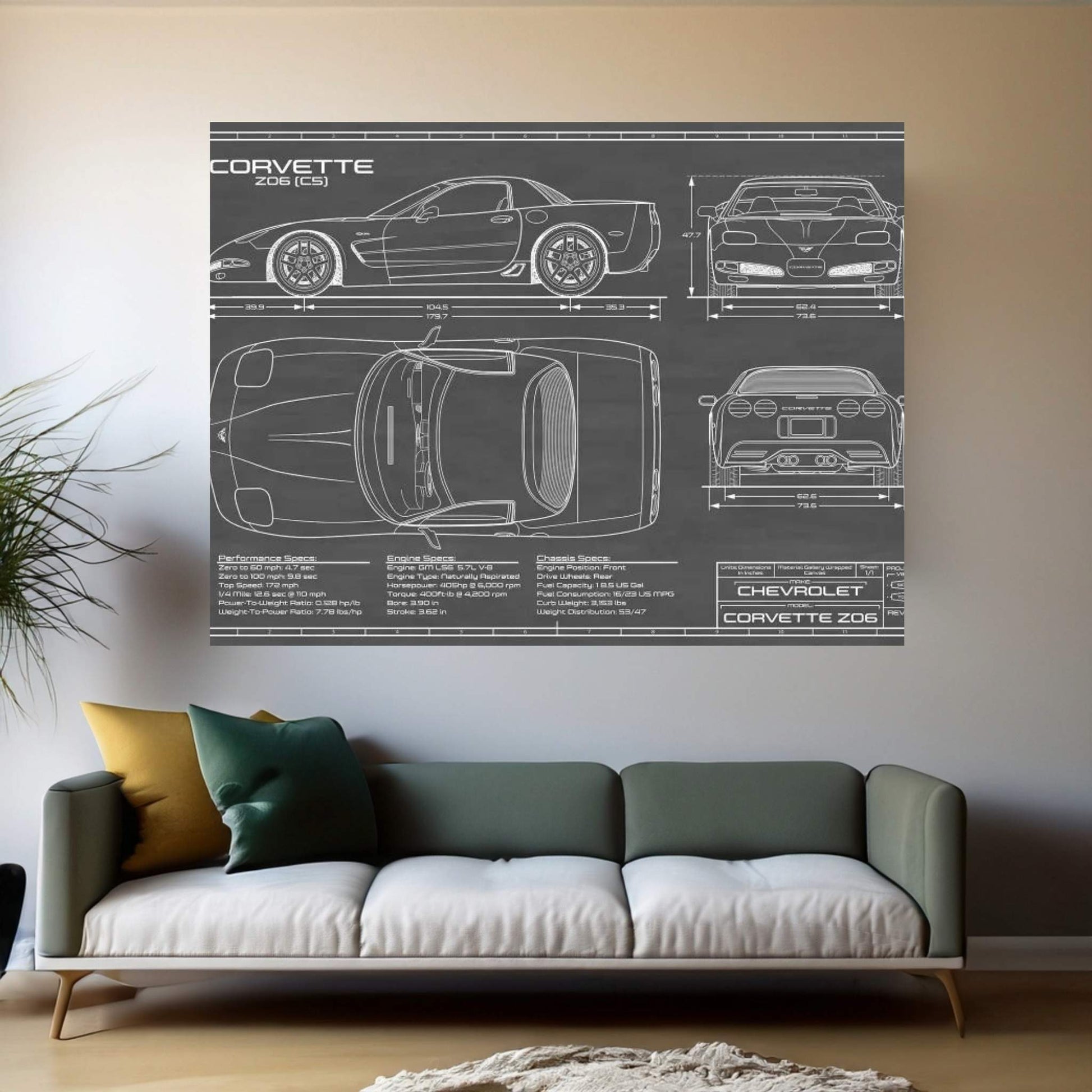 Corvette (C5) Z06 Black Canvas Wall Art - Y Canvas