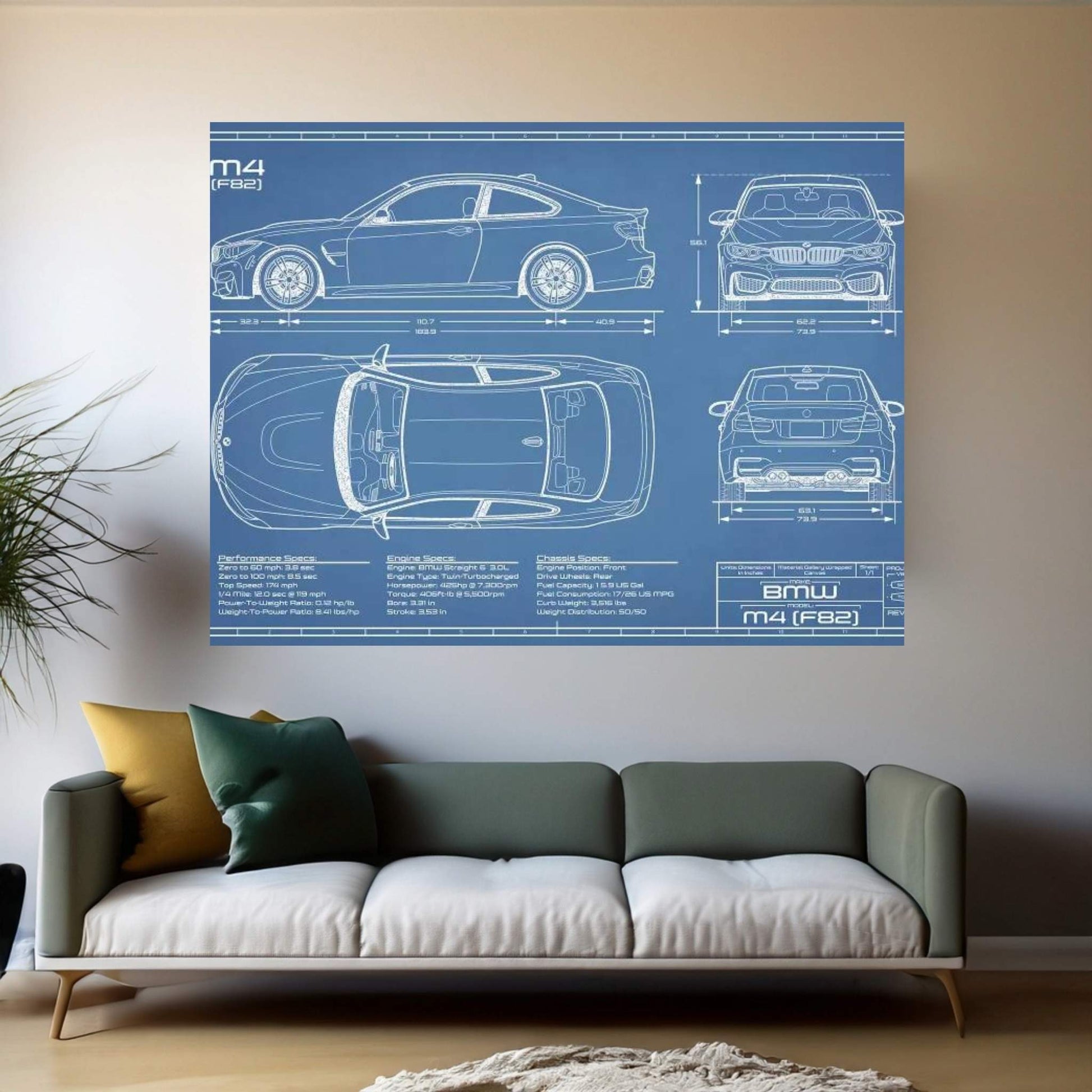 BMW M4 (F82) Blueprint Canvas Wall Art - Y Canvas