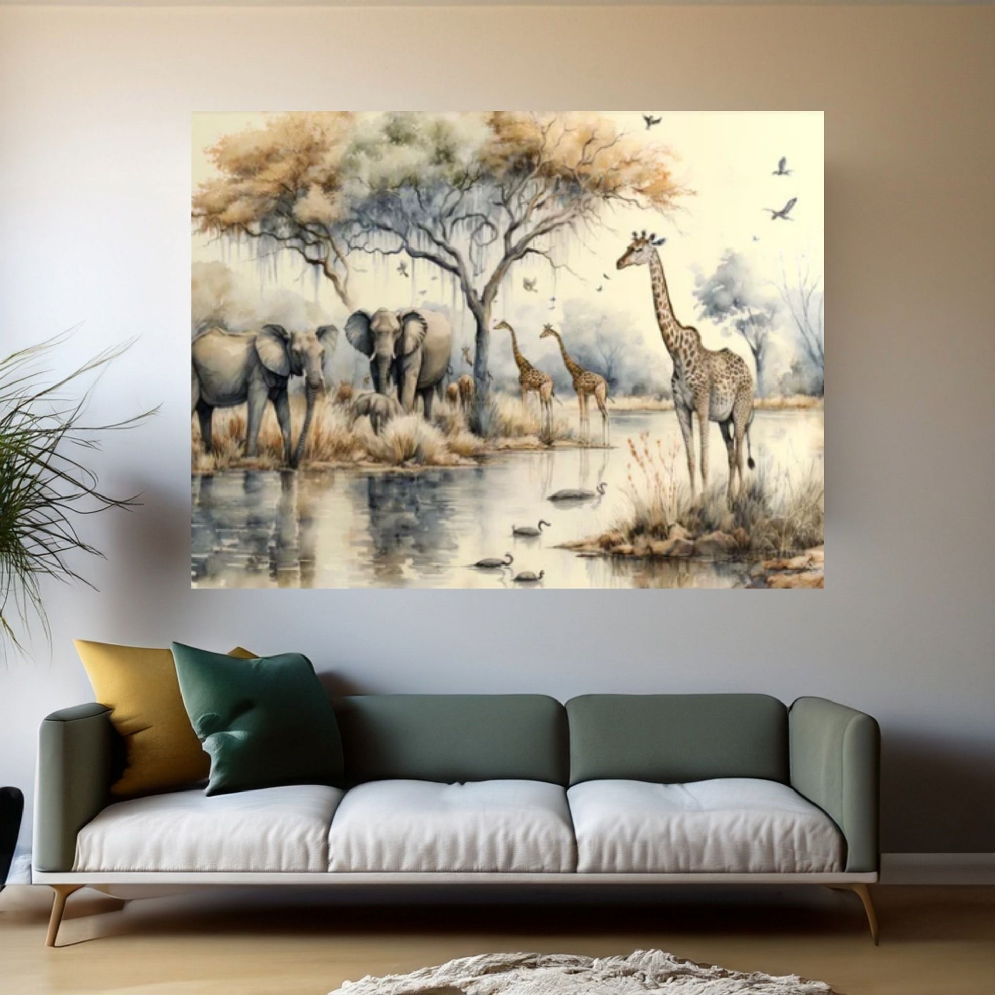 African Safari Tropical Jungle with trees , giraffes, elephants and birds Canvas Wall Art - Y Canvas