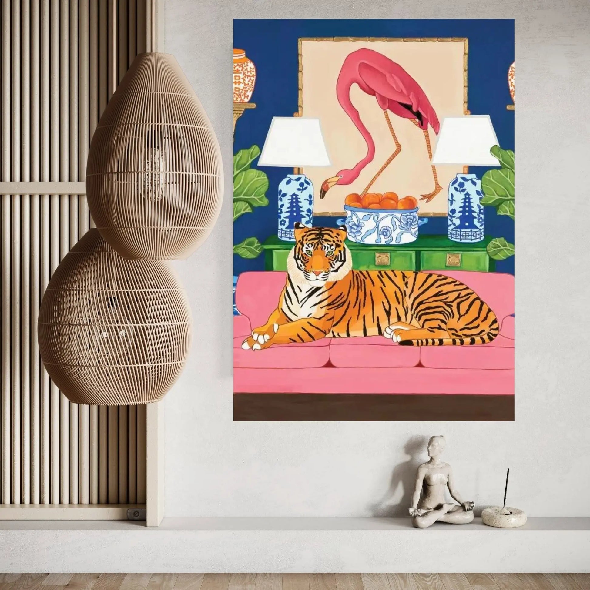 Chinoiserie Tiger In The Living Room With Flamingo Ginger Jar And Fiddle Leaf Fig Canvas Wall Art - Y Canvas