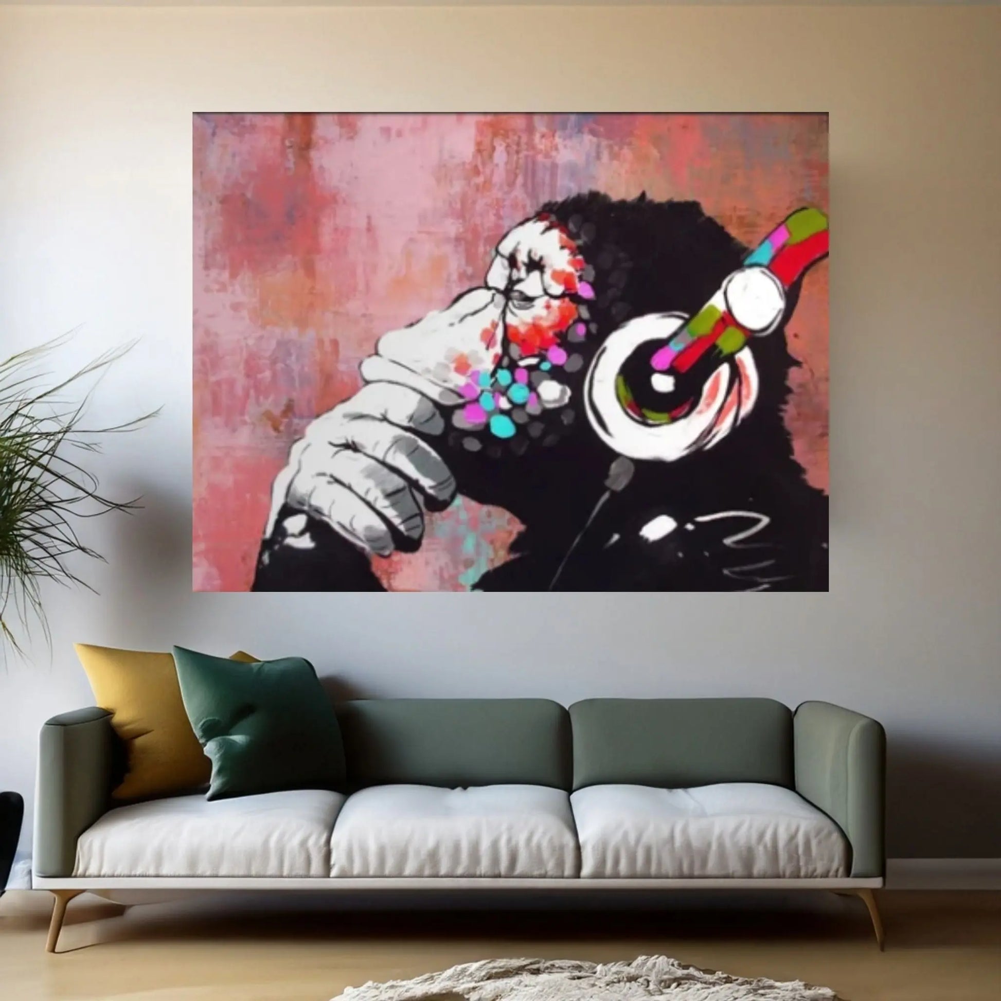 Monkey Headphones Canvas Wall Art, Thinking Monkey DJ, Banksy Monkey - Y Canvas