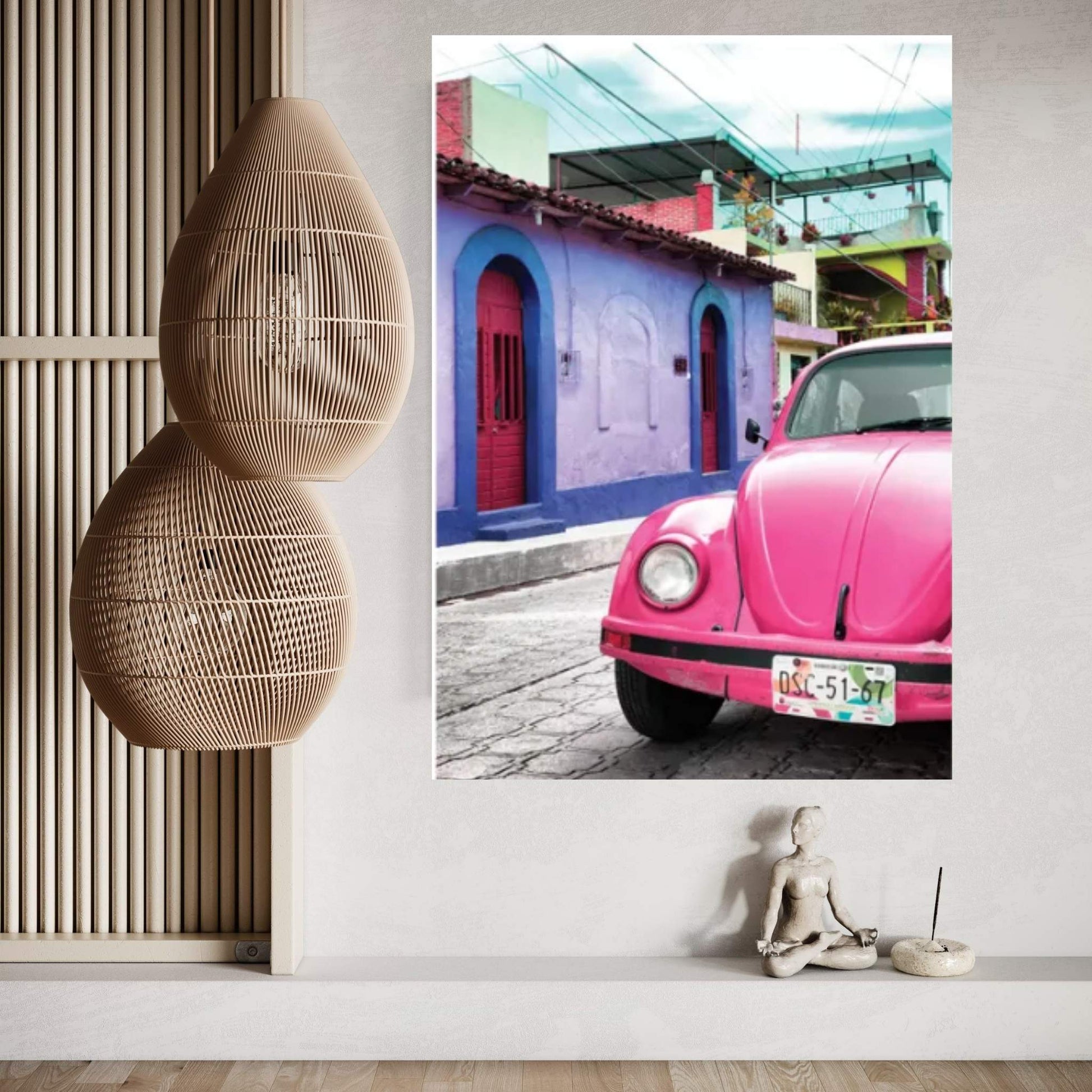 Pink VW Beetle Car Canvas Wall Art - Y Canvas