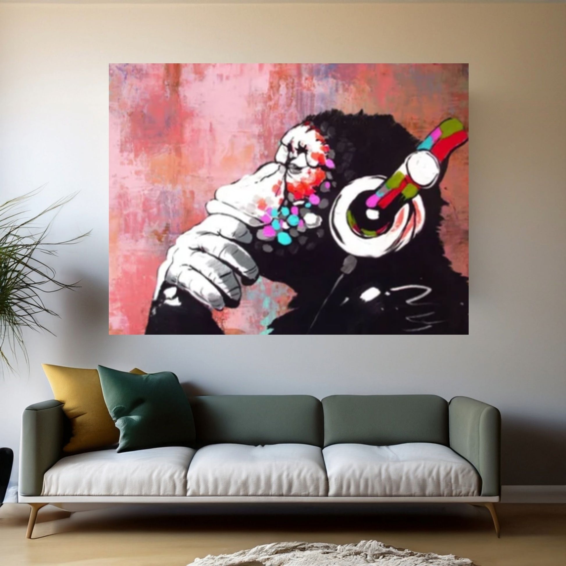 Banksy Dj Monkeycanvas Wall Art, Thinking Monkey Canvas Print, Animal Wall Art, Headphone Monkey - Y Canvas