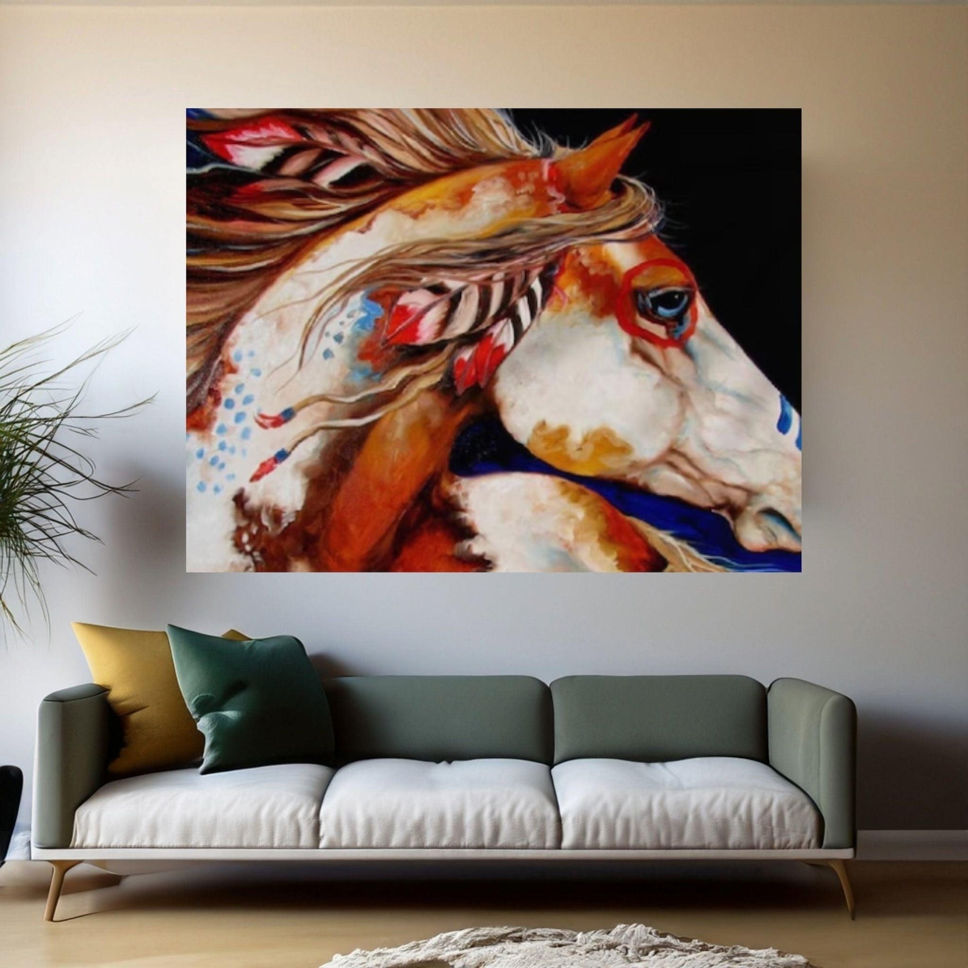 American Indian Art Canvas Wall Art Print - Native Indian Woman - Horse B&W Art - Y Canvas