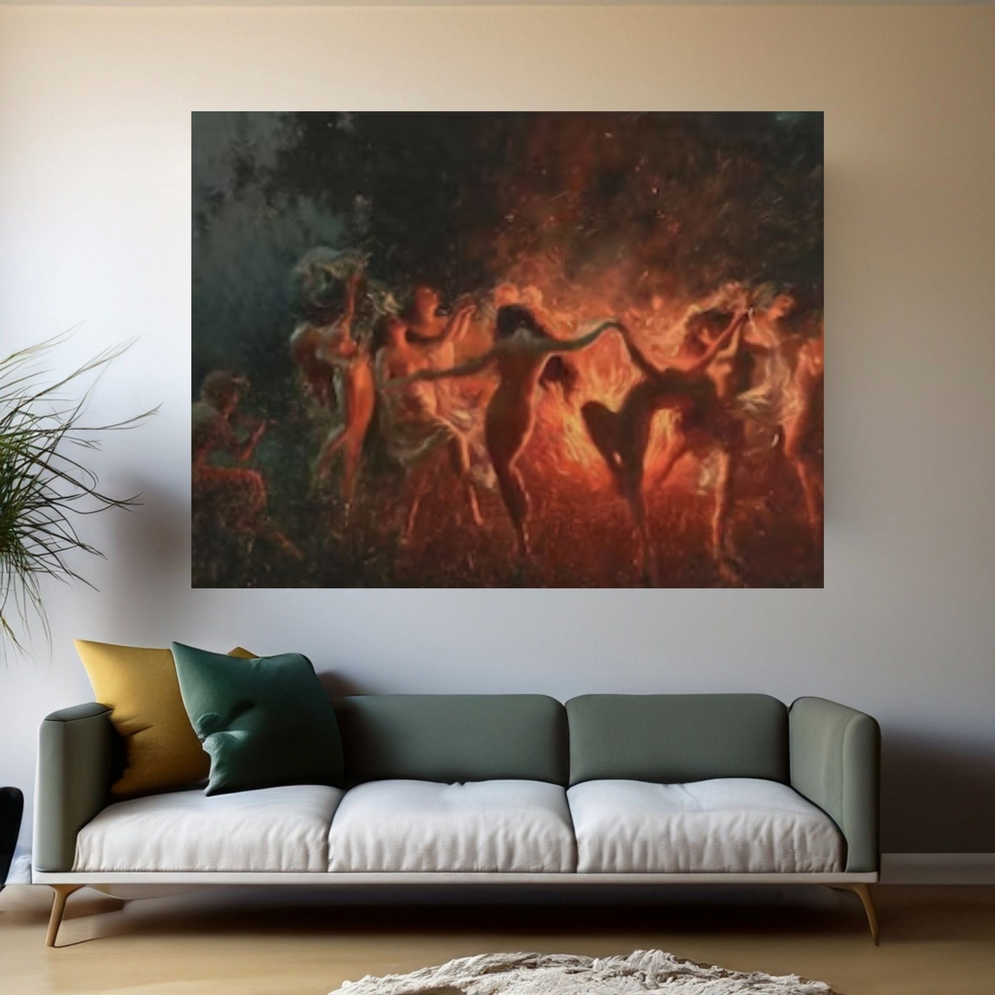 Joseph Tomanek /Large Size Painting, Witches Magic, Red Black, Fire Dance (1889) Print On Canvas - Y Canvas