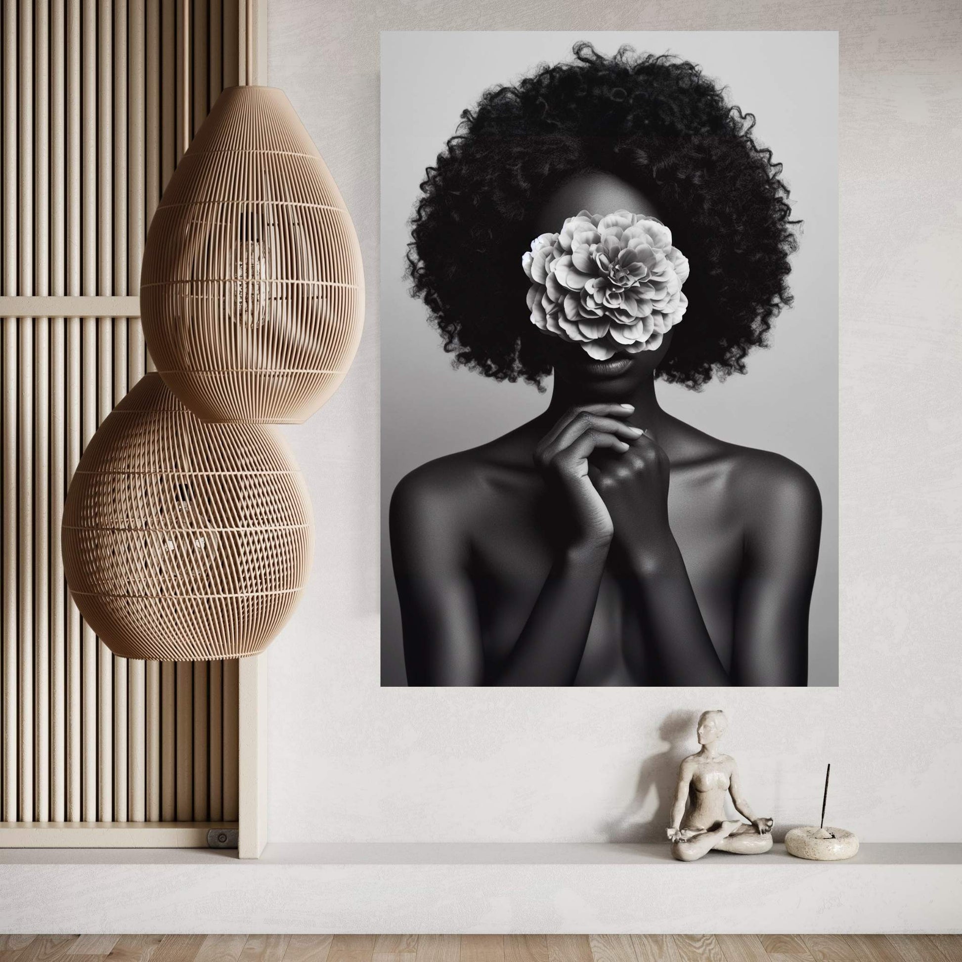 African Black Woman Canvas Flower Portrait Canvas Wall Art - Y Canvas