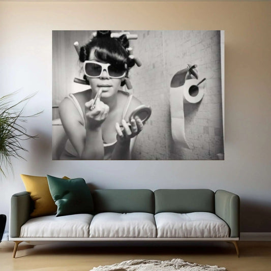 Bathroom Wall Art Woman Drinking Toilet And Smoking Girl Bathroom Wall Decor Fashion Funny Bathroom Art,Girl on the Toilet Lipstick Makeup - Y Canvas