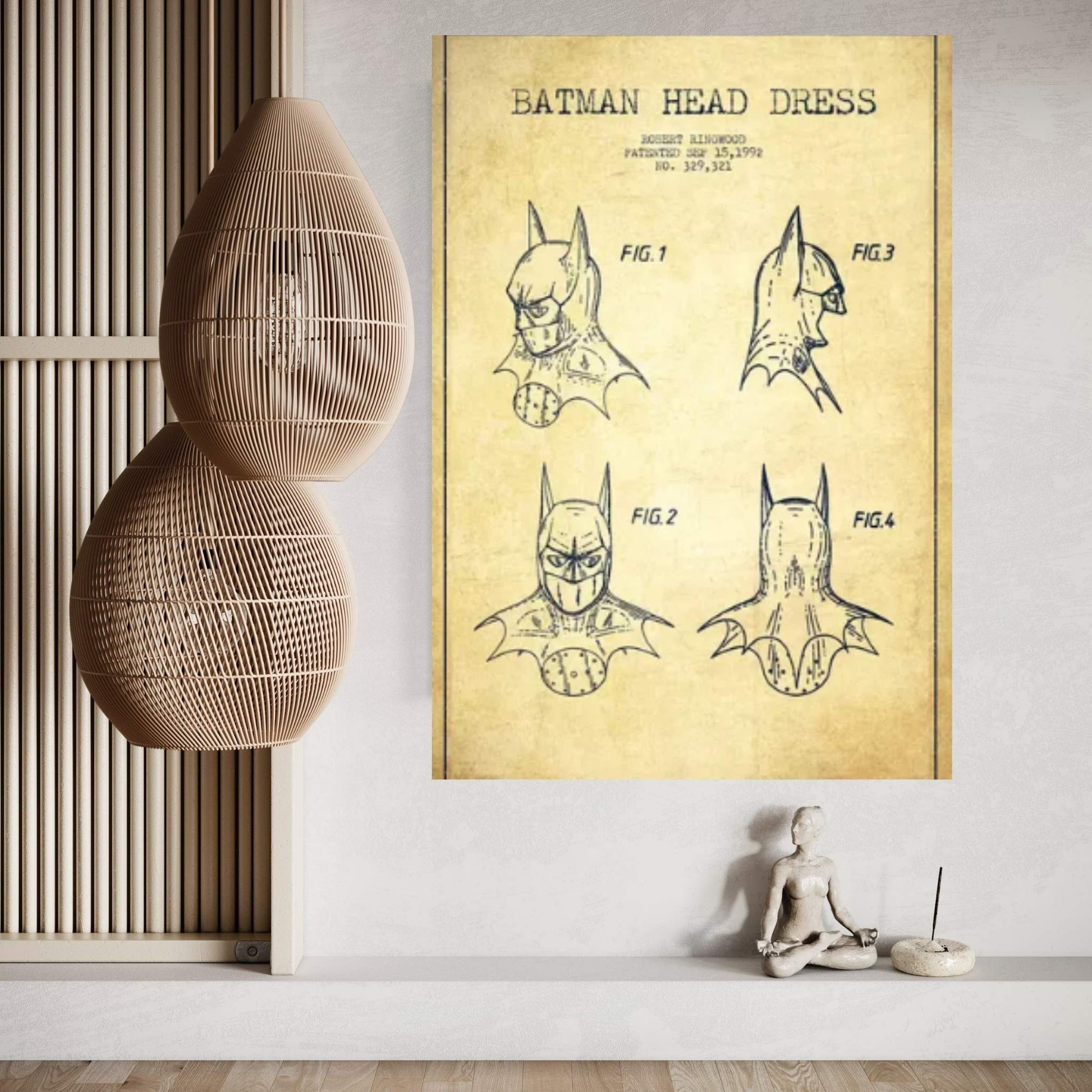 Robert Ringwood Batman Head Dress Patent Sketch (Vintage) Canvas Wall Art - Y Canvas