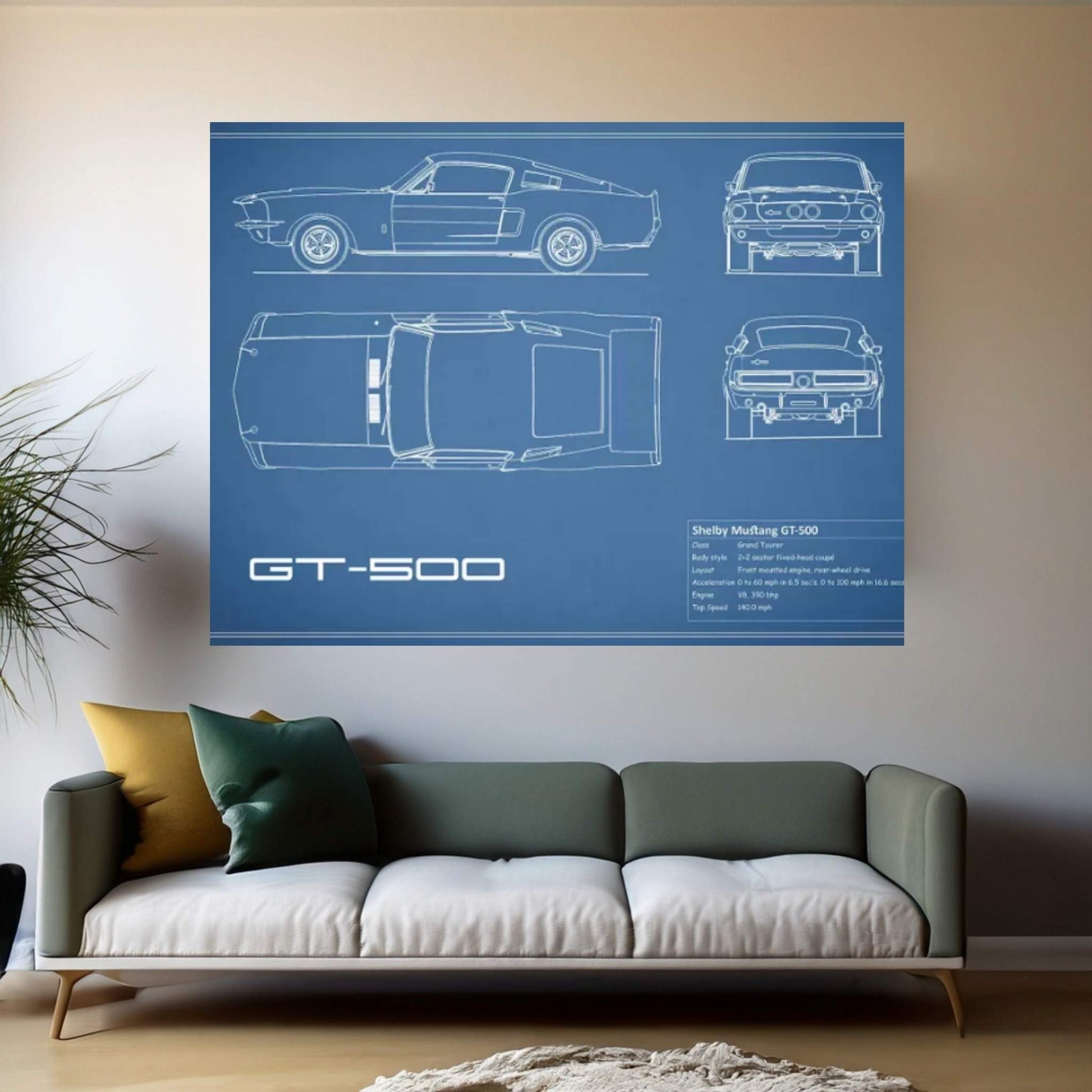 Shelby Mustang GT500 (Blue) Canvas Wall Art - Y Canvas