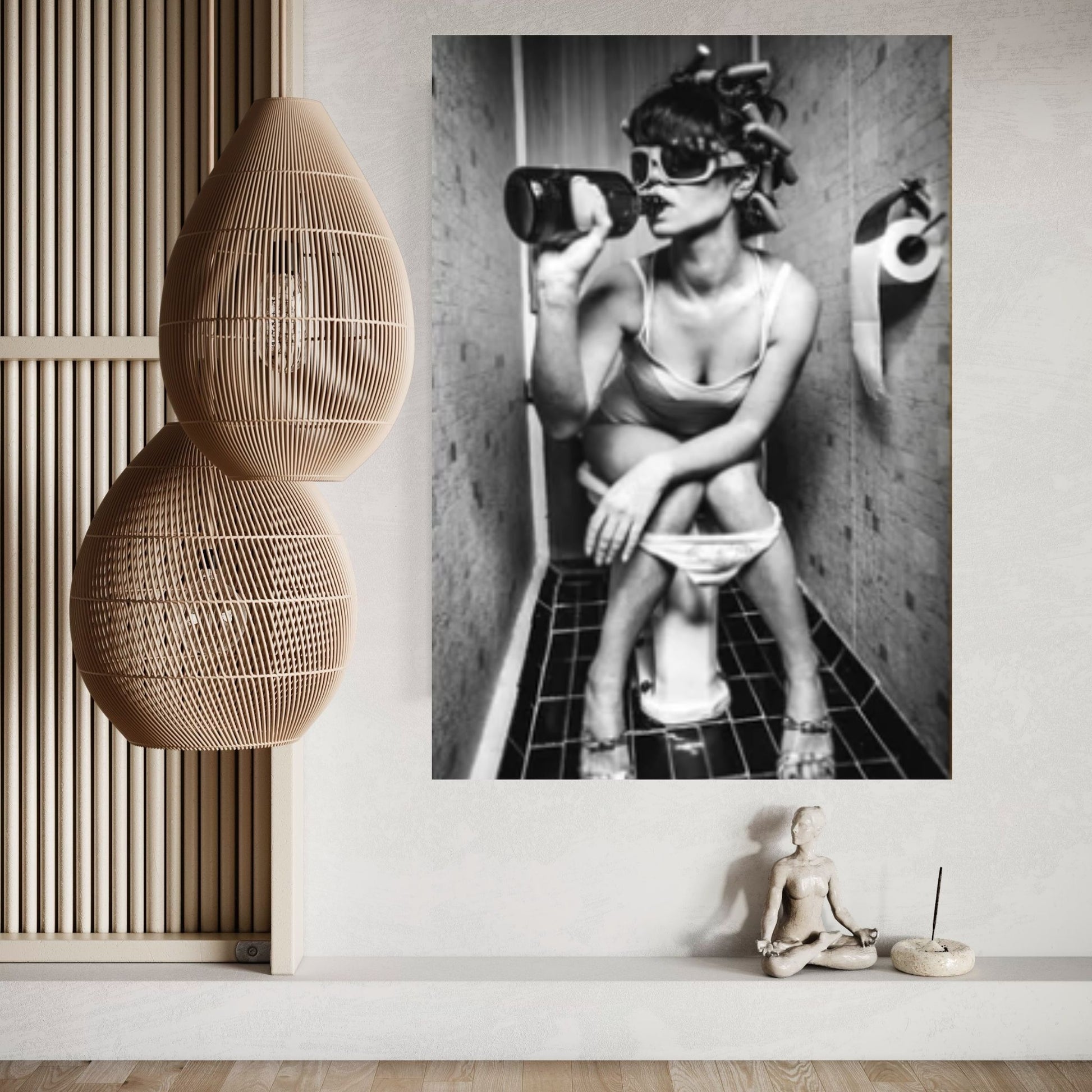 Bathroom Drink Canvas Wall Art Poster,Humor Restroom Photo Print Modern, Black and White Bathroom Woman Drinking on the Toilet - Y Canvas