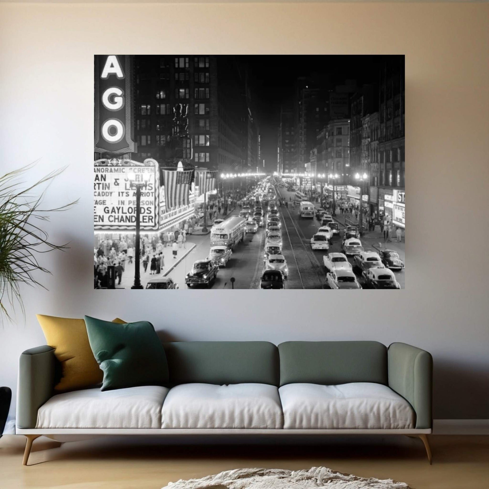 1953 Night Scene Of Chicago State Street With Traffic And Movie Marquee With Pedestrians On The Sidewalks Canvas Wall Art - Y Canvas