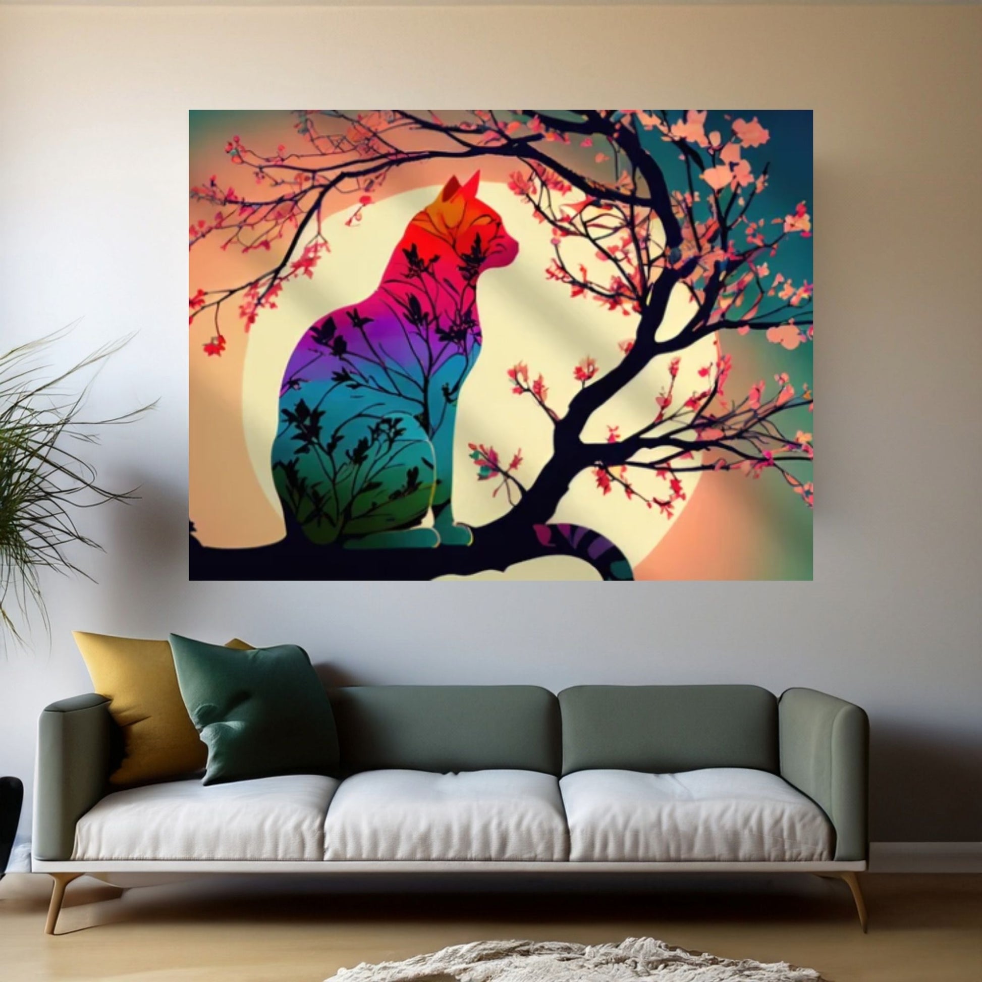 Cat Animal Canvas - Rainbow Cat- Japanese Cherry Tree - Picasso Style - Y Canvas