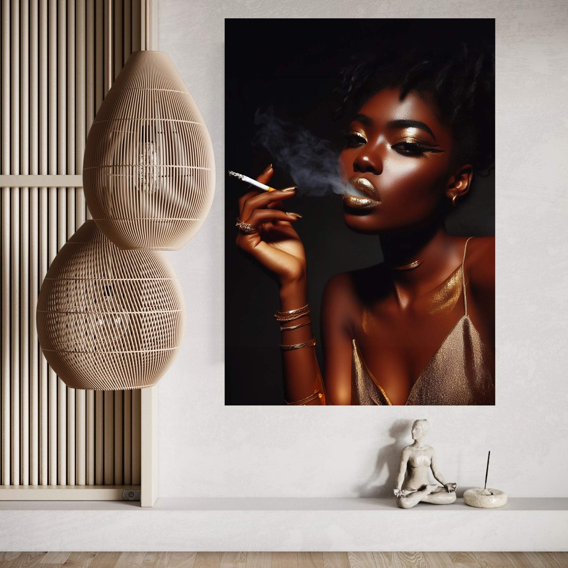 African Black Woman Gold Make-up Smoke Canvas Portrait Canvas Wall Art - Y Canvas