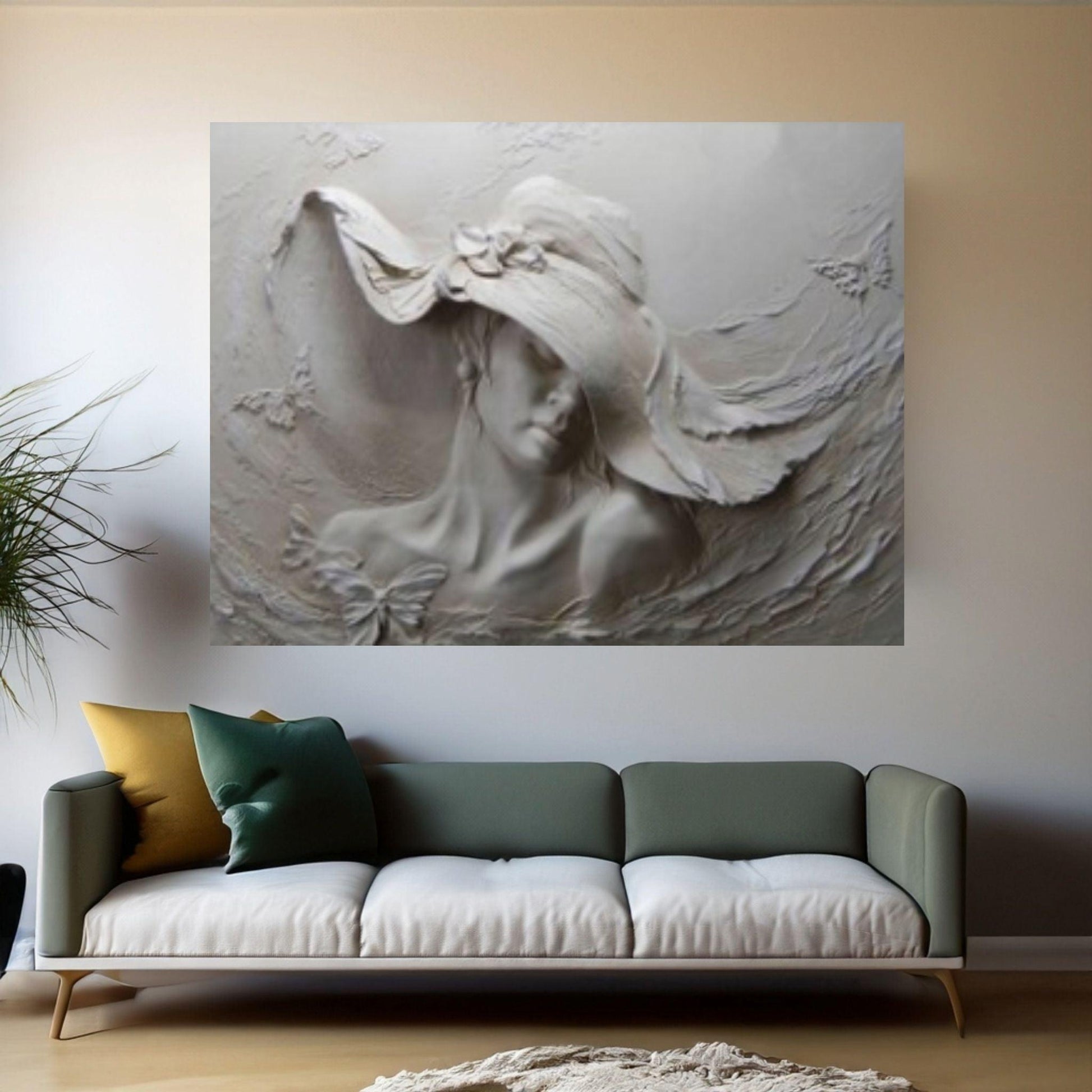 Woman Portrait Woman in Hat Canvas Wall Art, Stone Woman Canvas Print, Woman in Hat Wall Art - Y Canvas