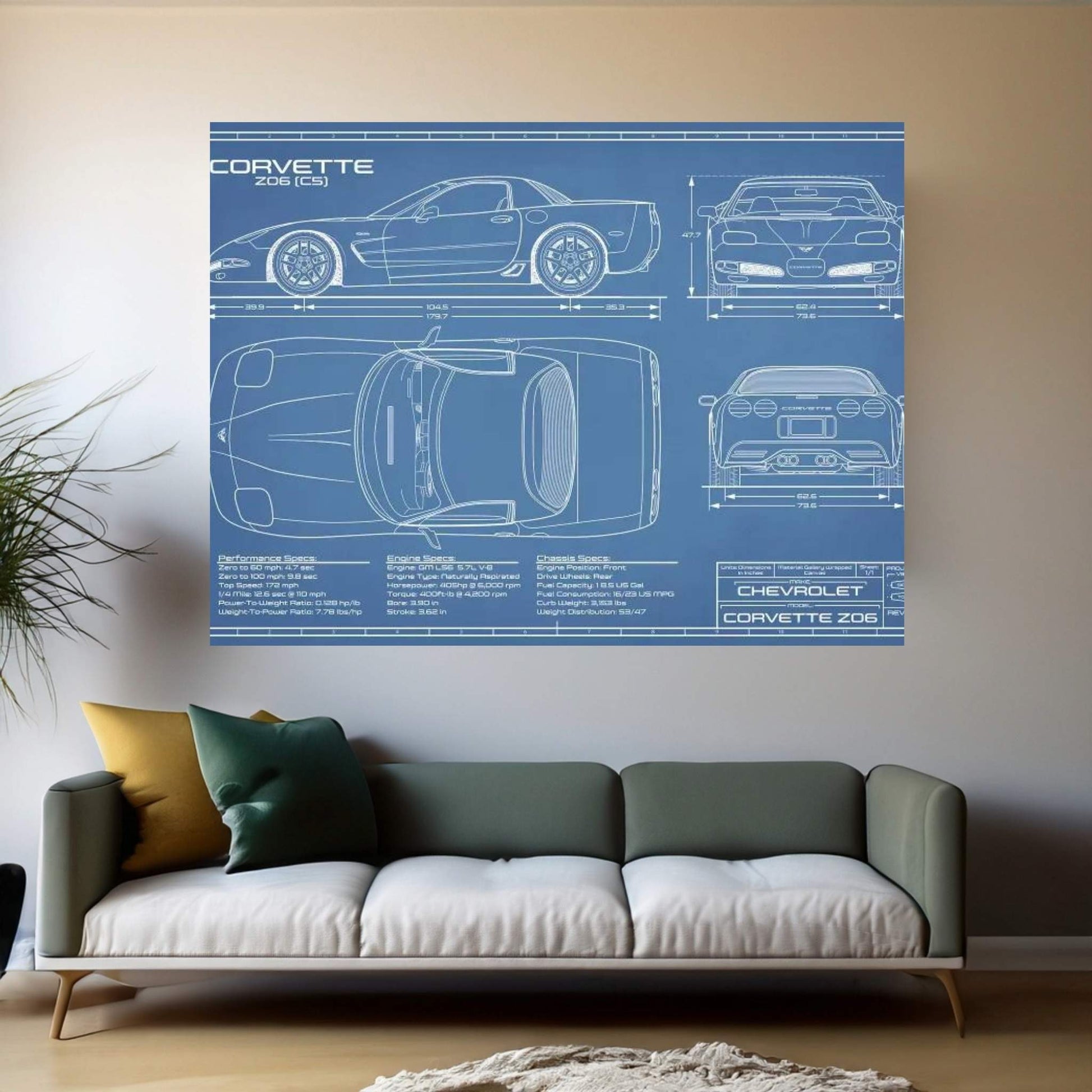 Corvette (C5) Z06 Blueprint Canvas Wall Art - Y Canvas