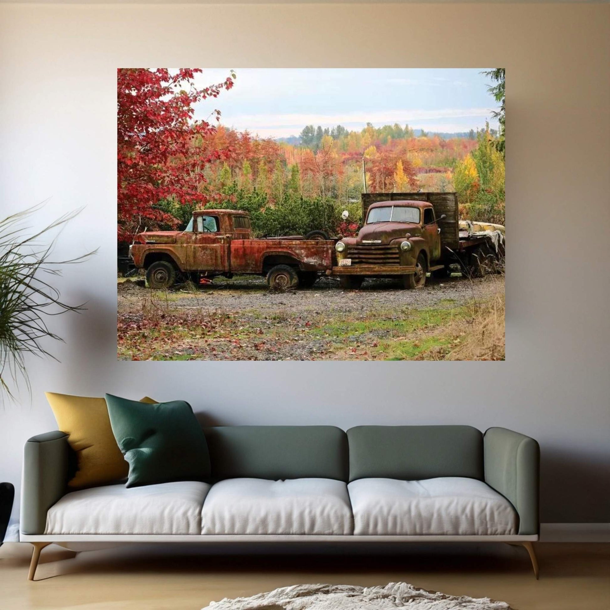 Two Autumn Vintage Trucks Canvas Wall Art - Y Canvas